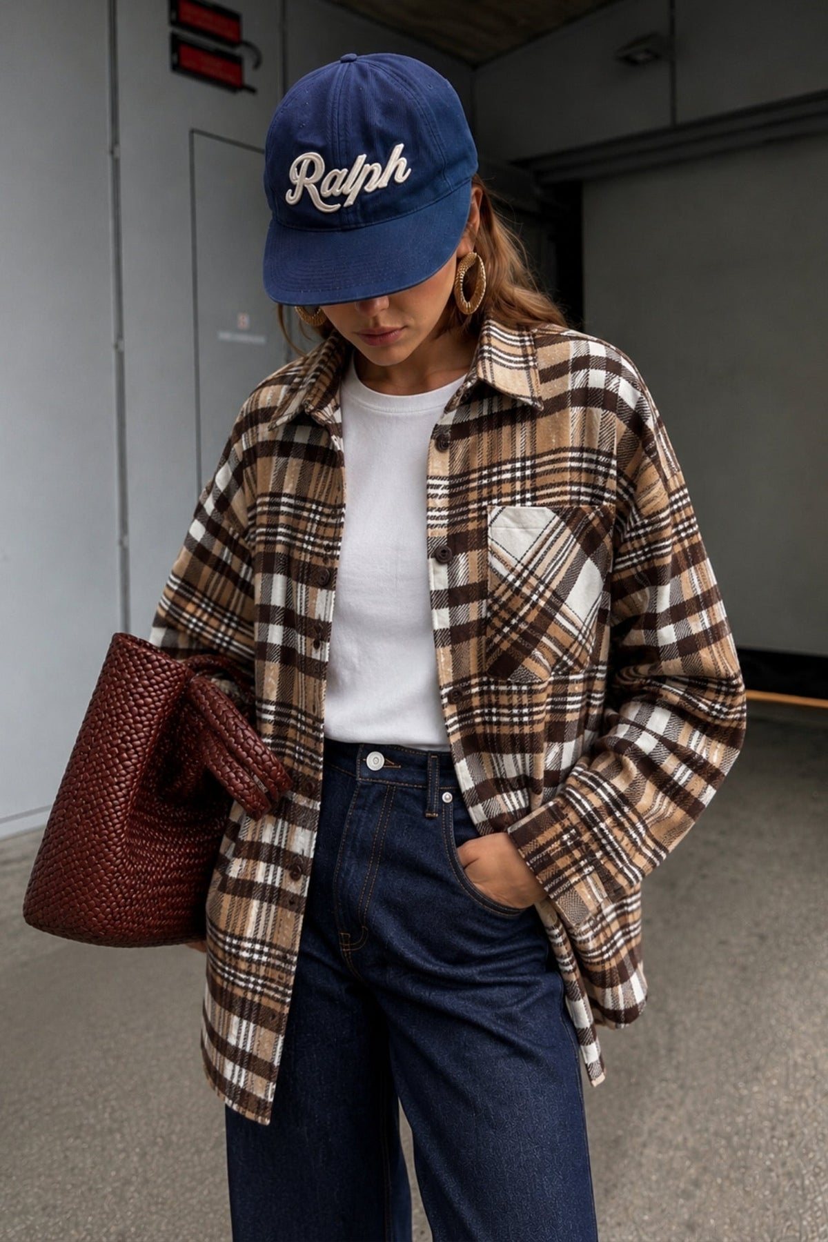Basic Oversize Ekose Gömlek - Bej