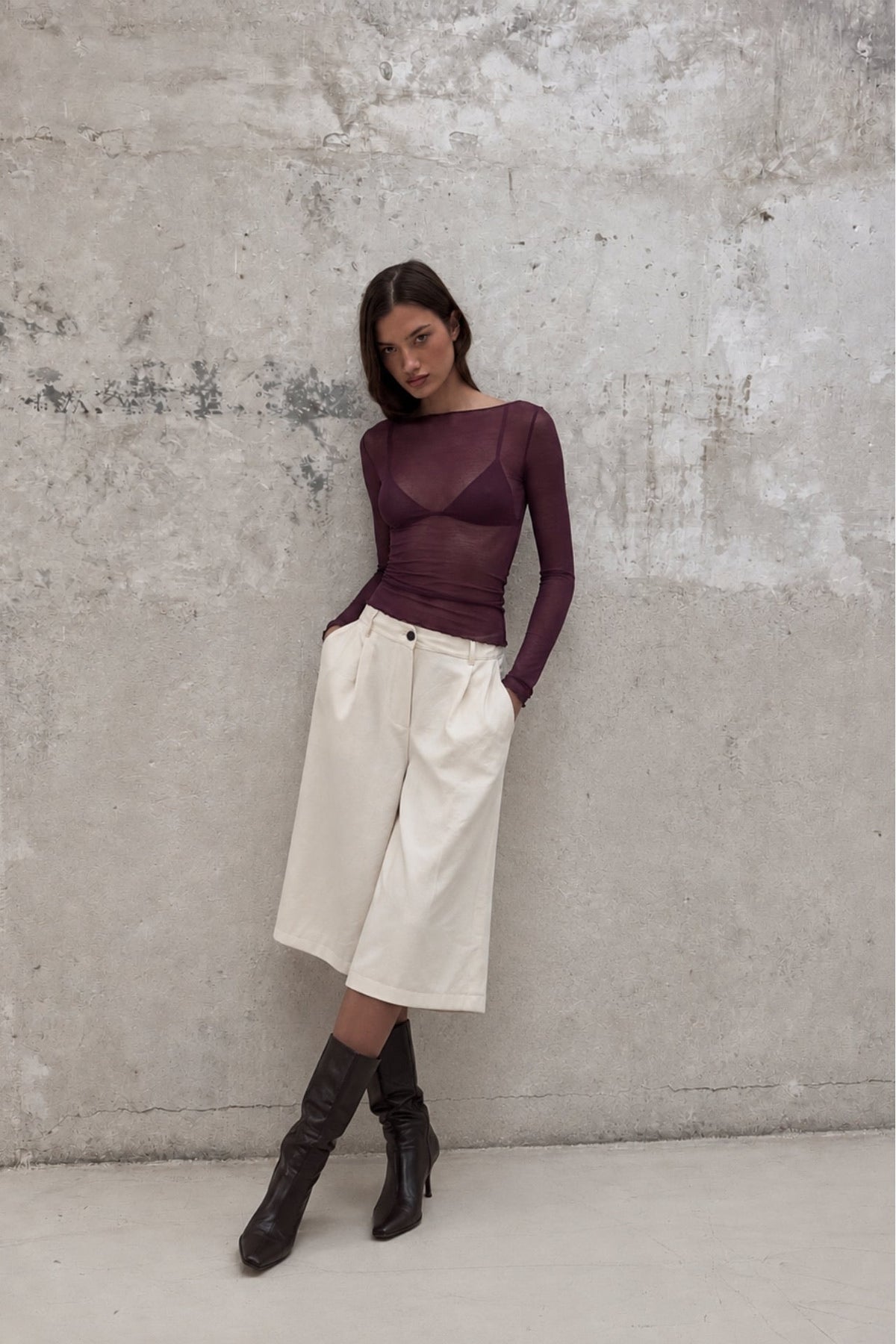 Kayık Yaka Transparan Bluz - Bordo