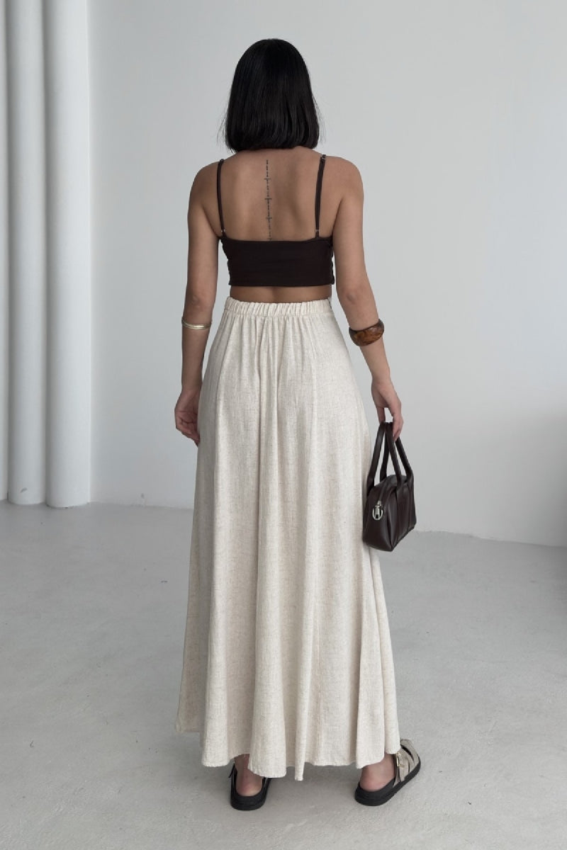 Lastikli Uzun Keten Etek - Naturel - (36-42-4) - 2