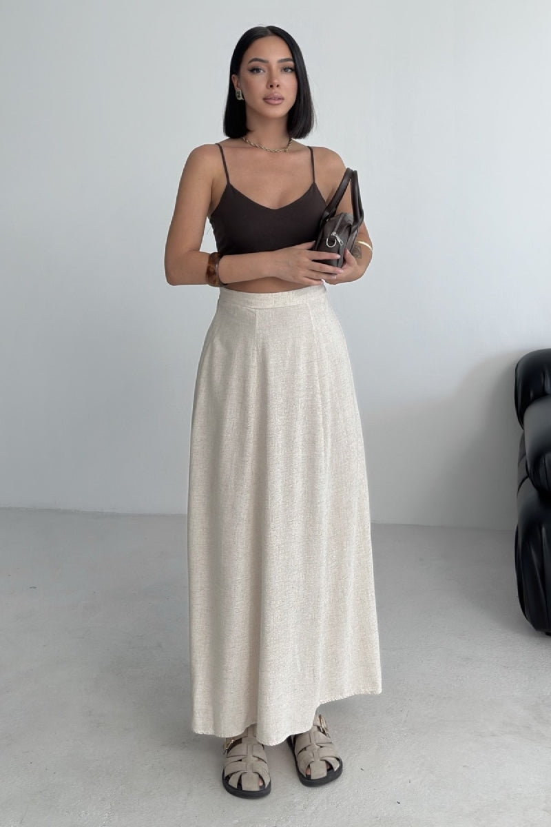 Lastikli Uzun Keten Etek - Naturel - (36-42-4) - 3