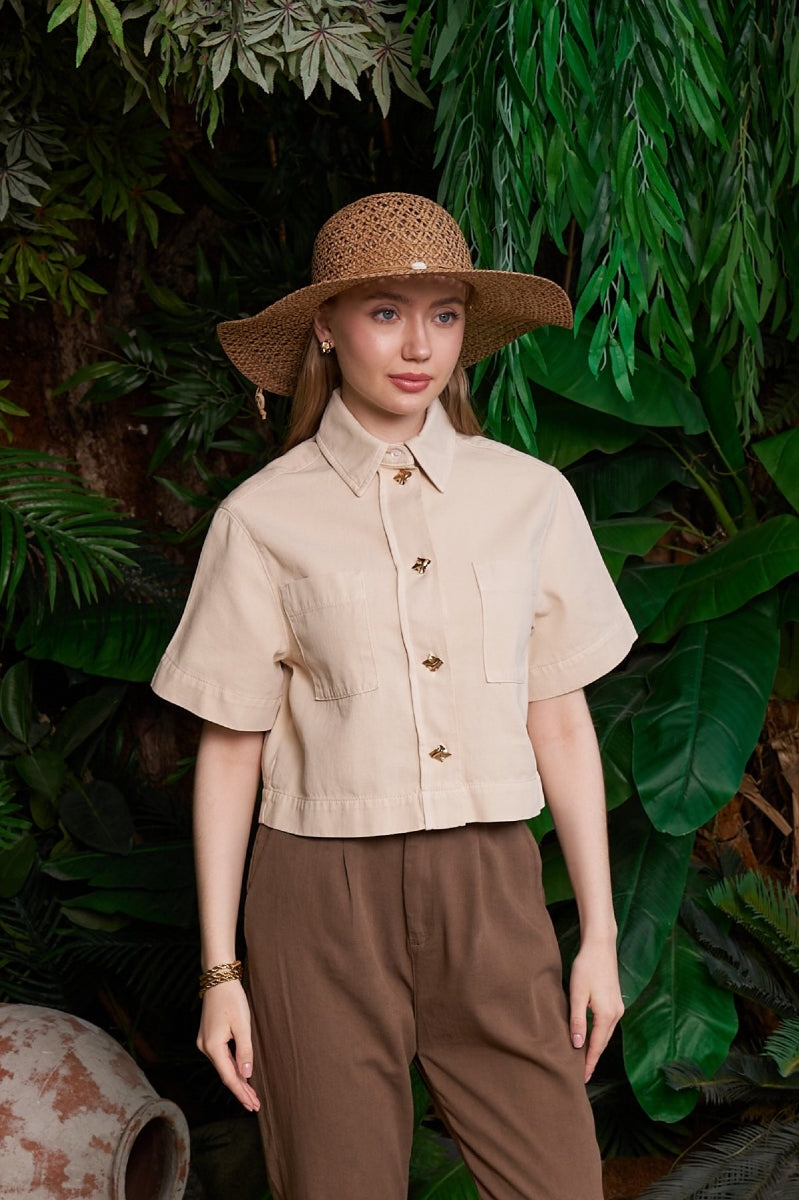 Düğmeli Kısa Kollu Keten Gömlek - Taş - (S-XL) - 2