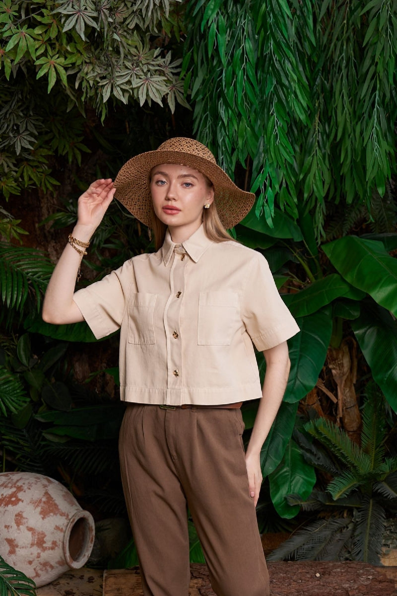 Düğmeli Kısa Kollu Keten Gömlek - Taş - (S-XL) - 3