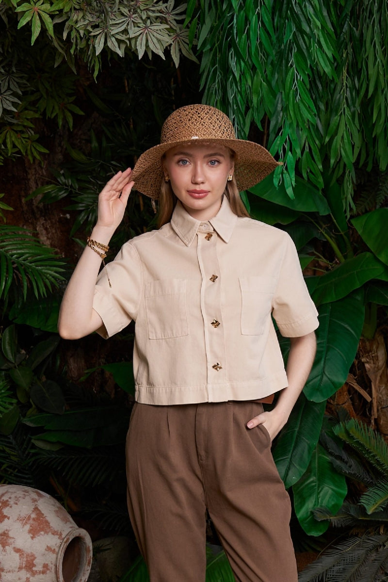 Düğmeli Kısa Kollu Keten Gömlek Taş