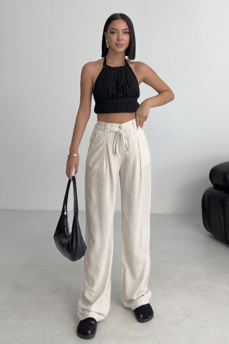 Lastikli Keten Pantolon - Naturel - (S-XL) - 2