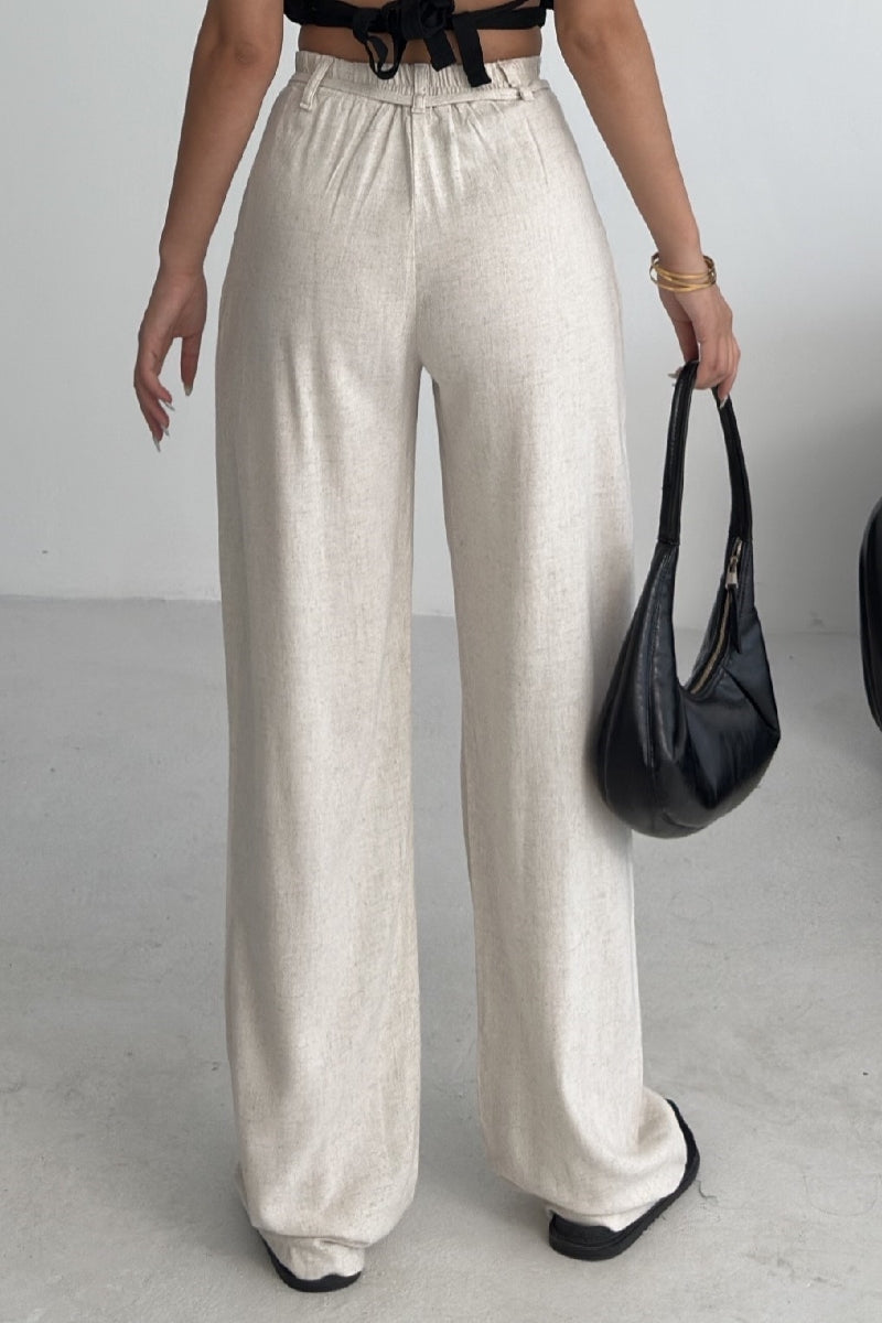 Lastikli Keten Pantolon - Naturel - (S-XL) - 3