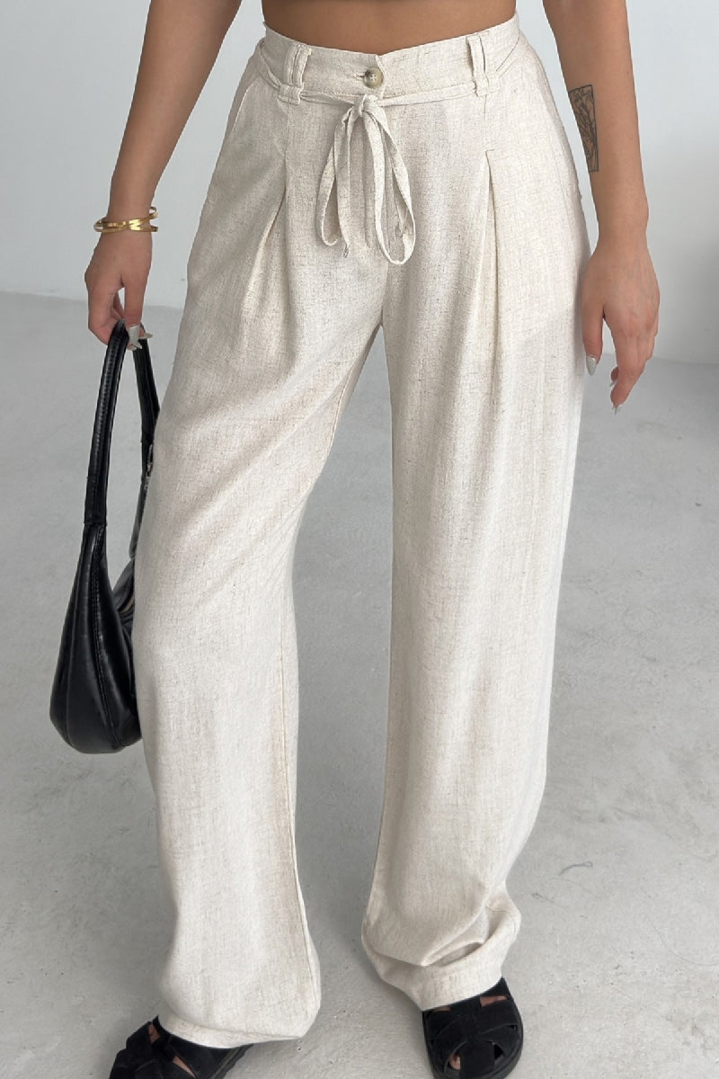 Lastikli Keten Pantolon Naturel