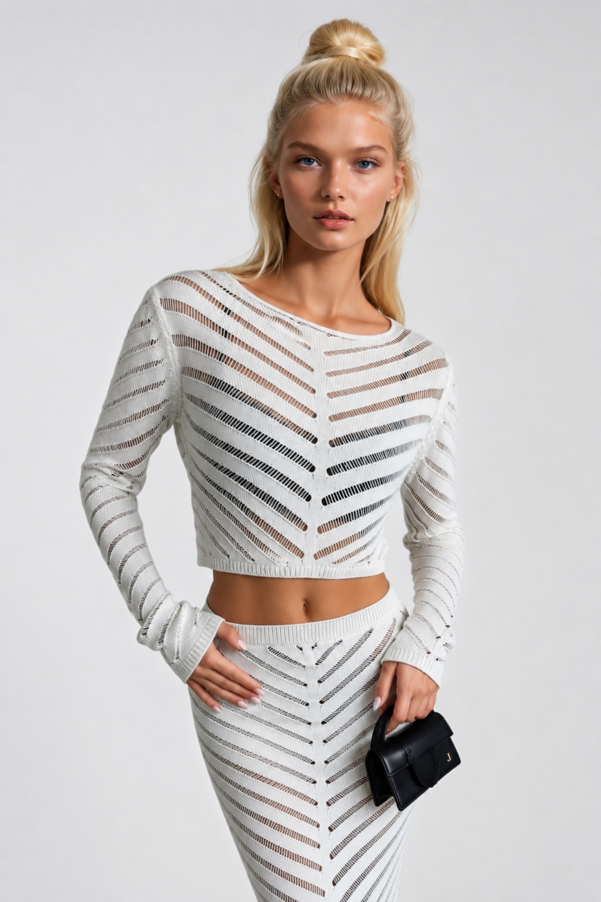 Örgü Desen Crop Bluz Maxi Etek İkili Triko Takım - Siyah