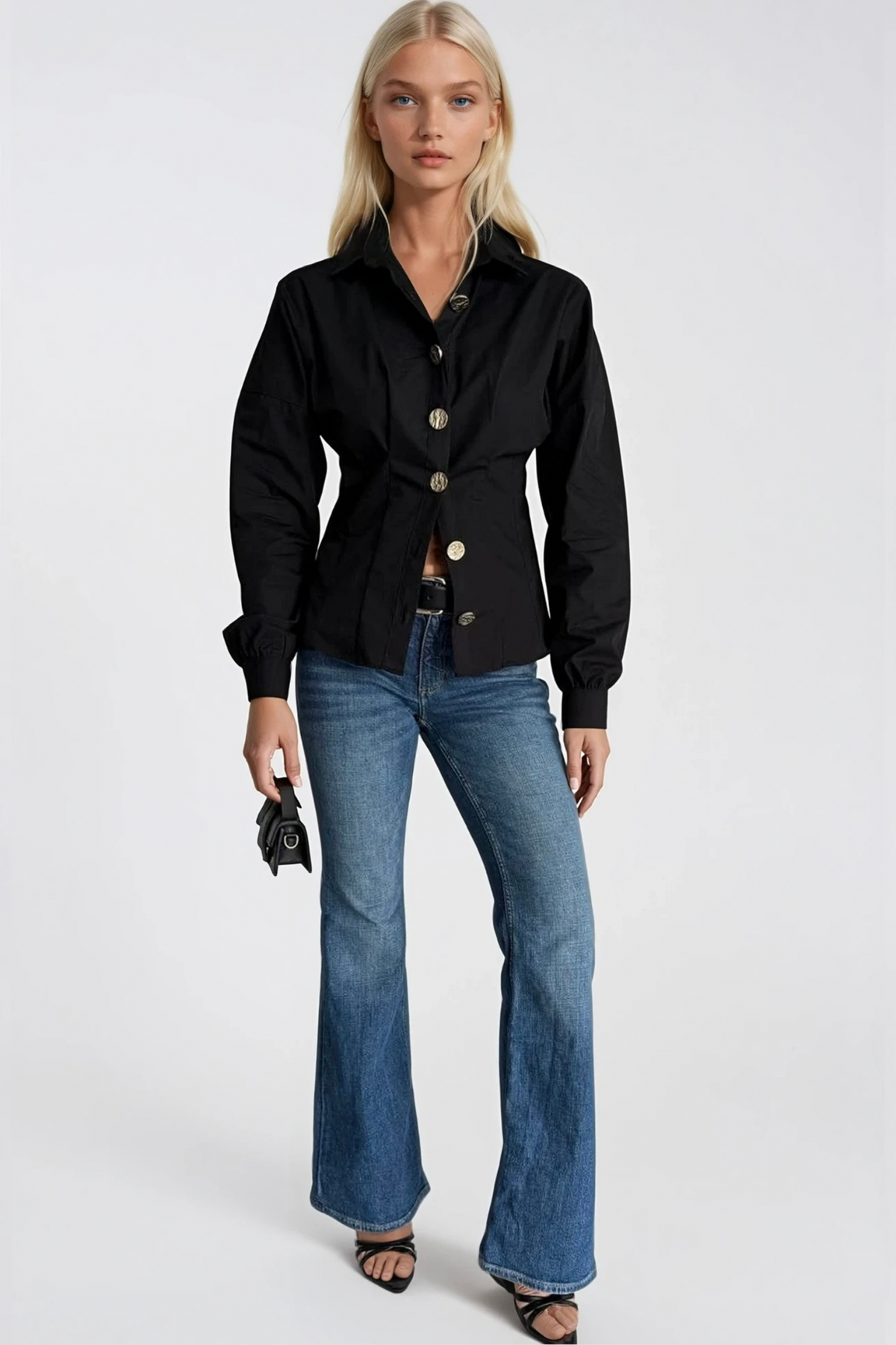 Bel Oturtmalı Gold Düğmeli Gömlek - Kahverengi