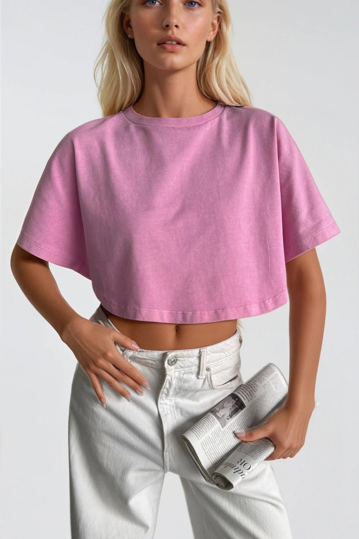 Yıkama Efektli Crop Tişört - Pembe