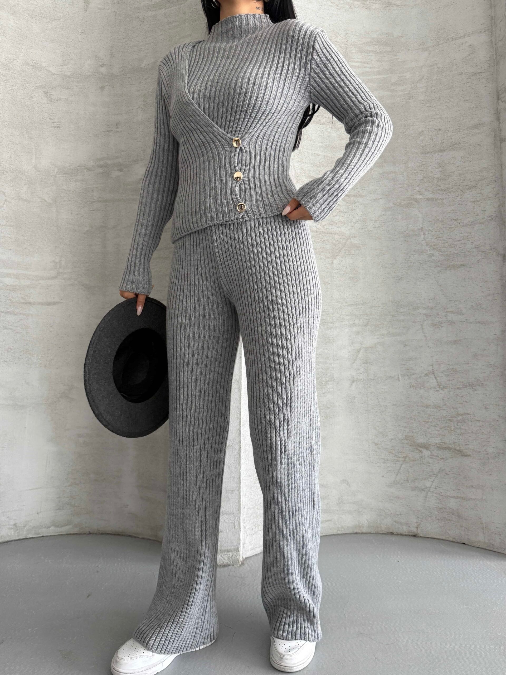 Yan Düğme Detay Triko Takım 1563