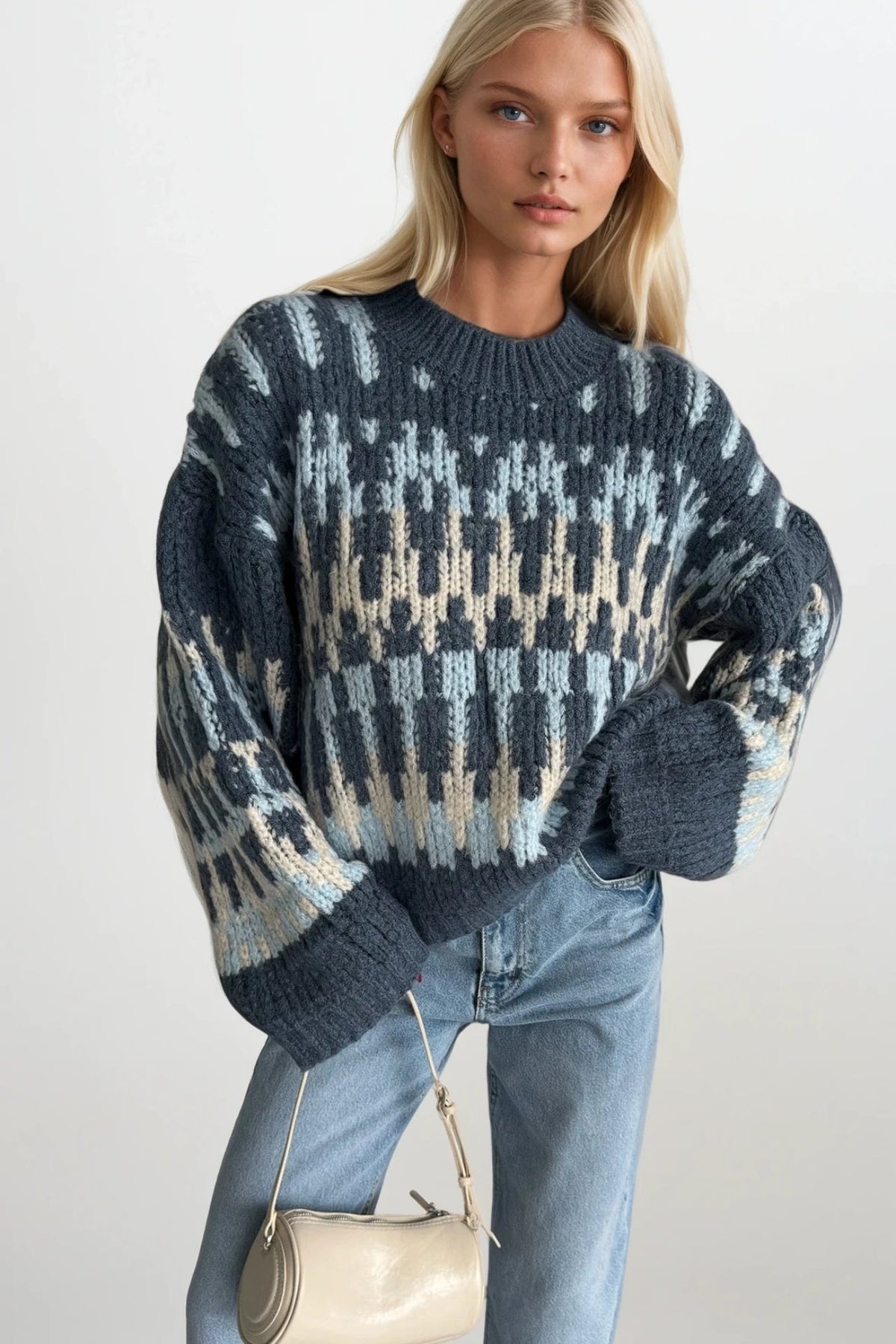 Desenli Oversize Triko Kazak - Kahverengi