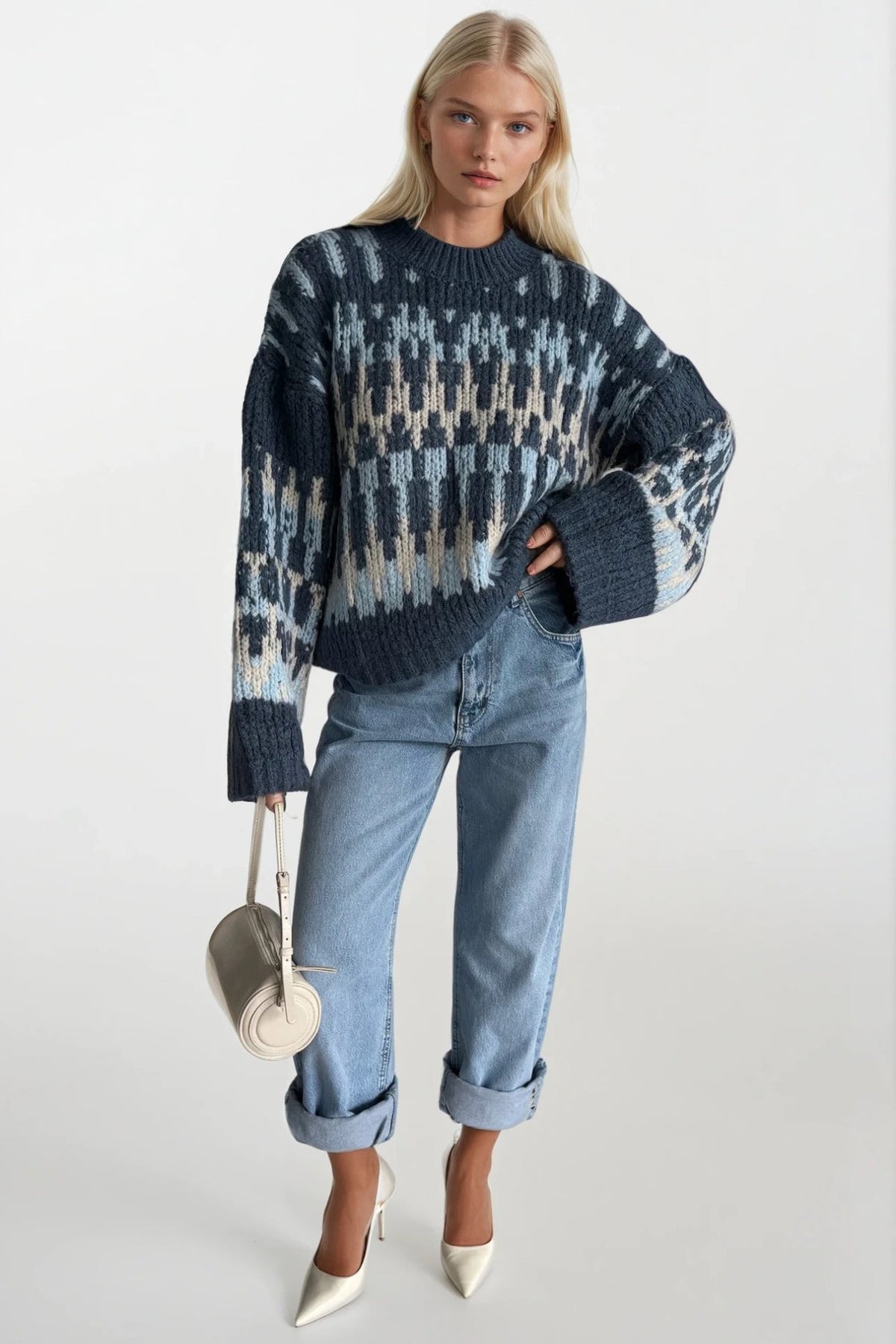 Desenli Oversize Triko Kazak - Kahverengi