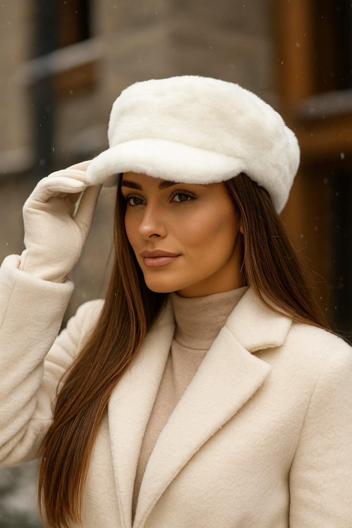 Ekru Kalın Tüylü Kışlık Şapka Sıcak Tutan Pofuduk Kürk Dokulu Aksesuar Spk1128