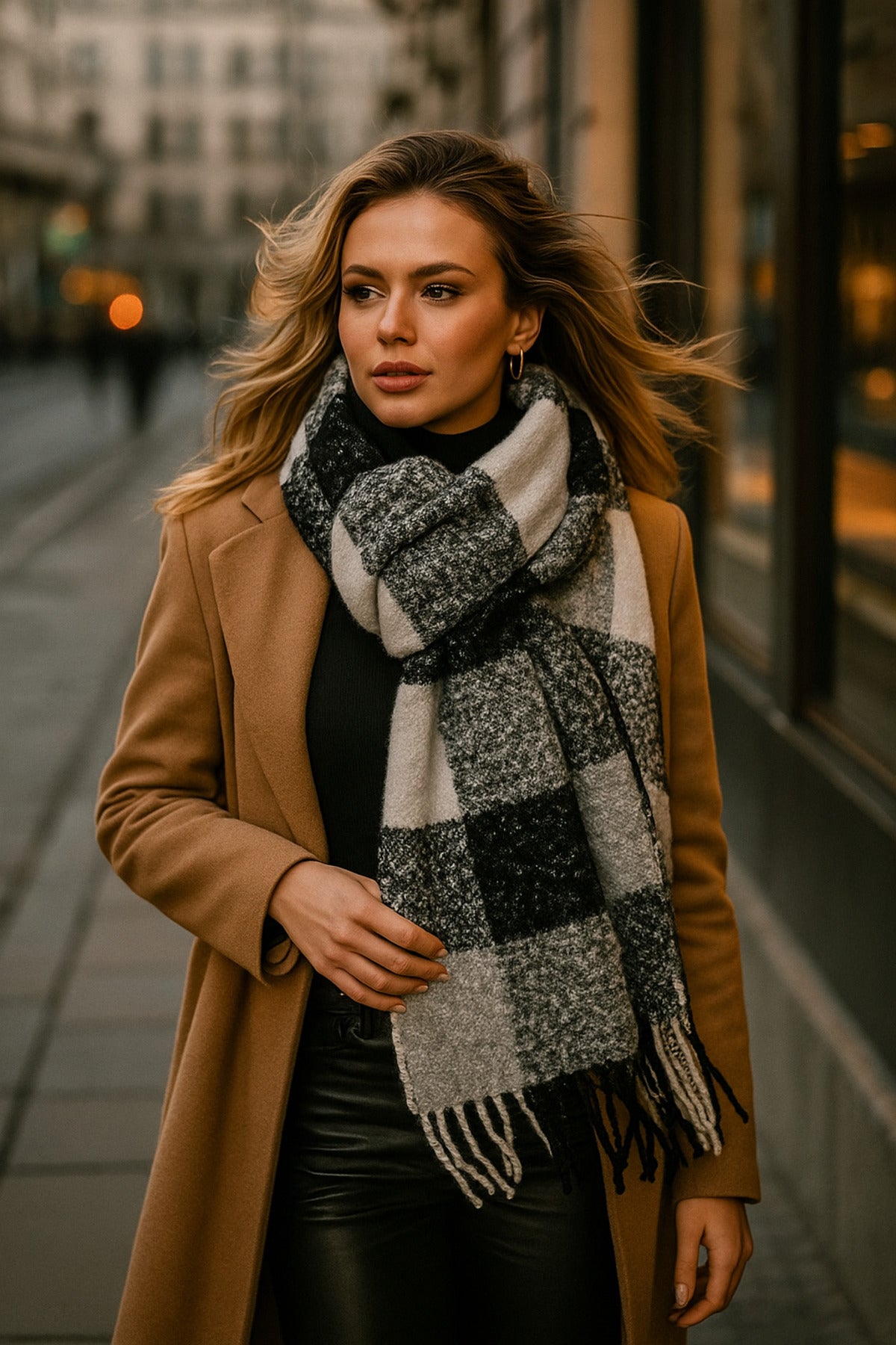 Gri Siyah Beyaz Kareli Desenli Püsküllü Şal - Atkı Modelleri Sal1283