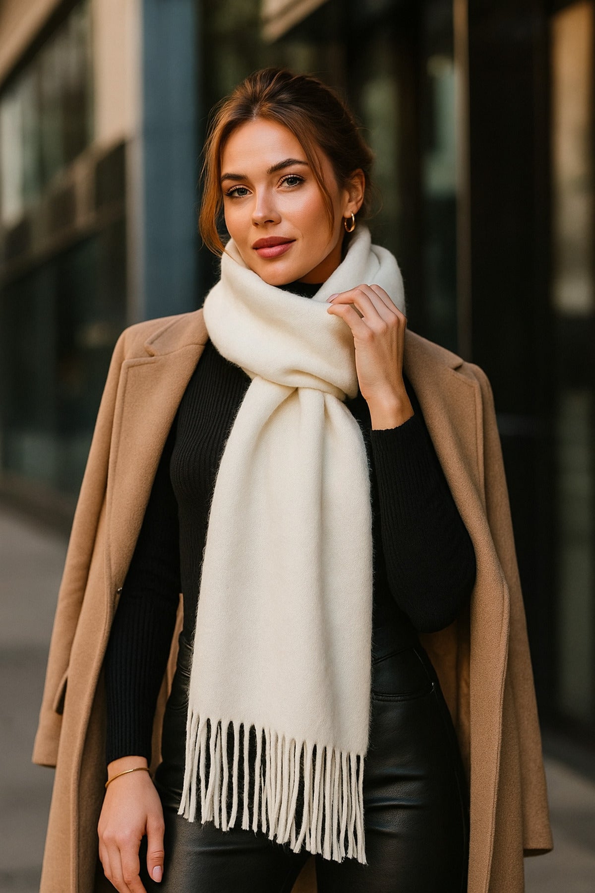 Yumuşak Dokulu Beyaz Püsküllü Kalın Şal - Sıcak Tutan Çok Amaçlı Aksesuar, Günlük Ve Özel ! Sal1257