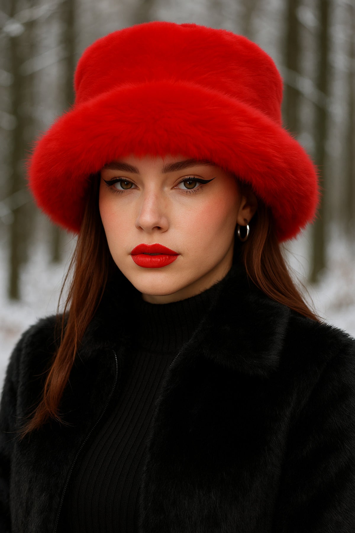 Kırmızı Kalın Peluş Kalpak Şapka Bere - Sıcak Tutan Şık Dış Mekan Soğuktan Koruma Spk1143