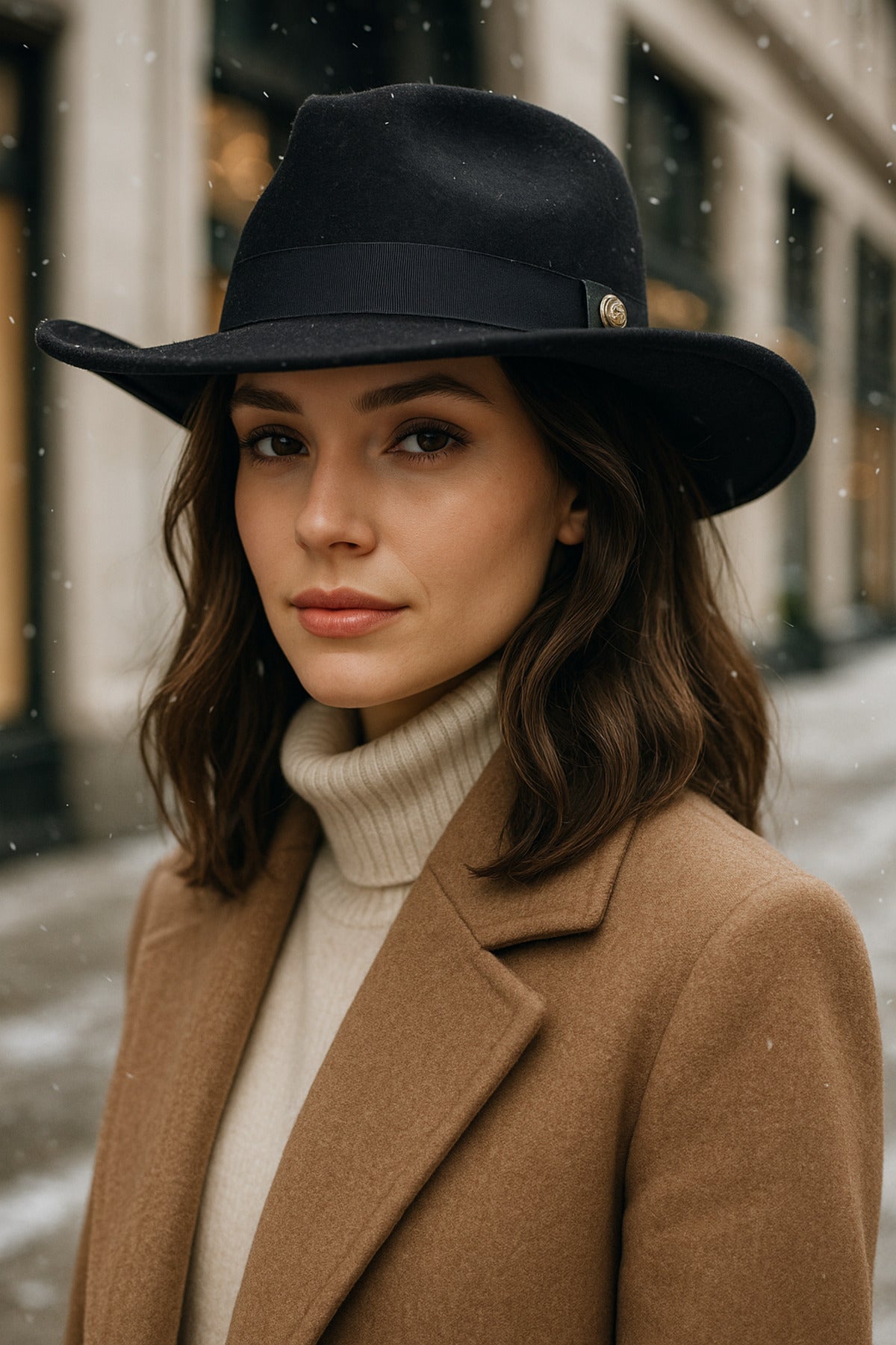 Kadın Siyah Kenarı Kıvrık Kovboy Kaşe Panama Şapka SPK1149