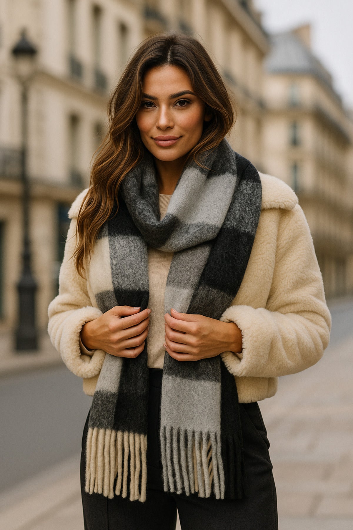 Kışlık Sıcak Yumuşak Geniş Püsküllü Atkı - Kremsi Beyaz Siyah Gri Çizgili Atkı Sal1270