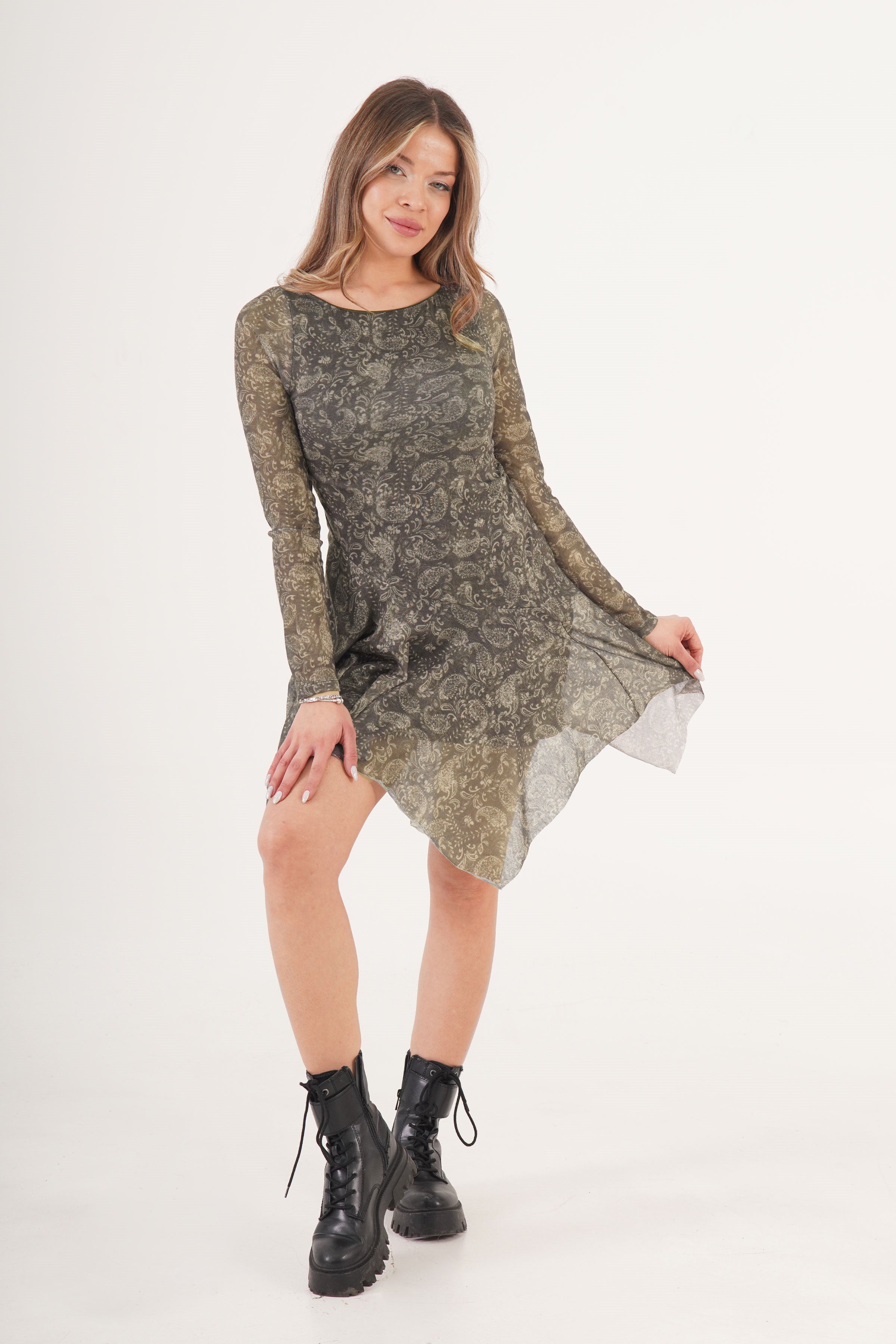 Desenli Asimetrik Kesim Tüllü Toptan Haki Elbise Haki S