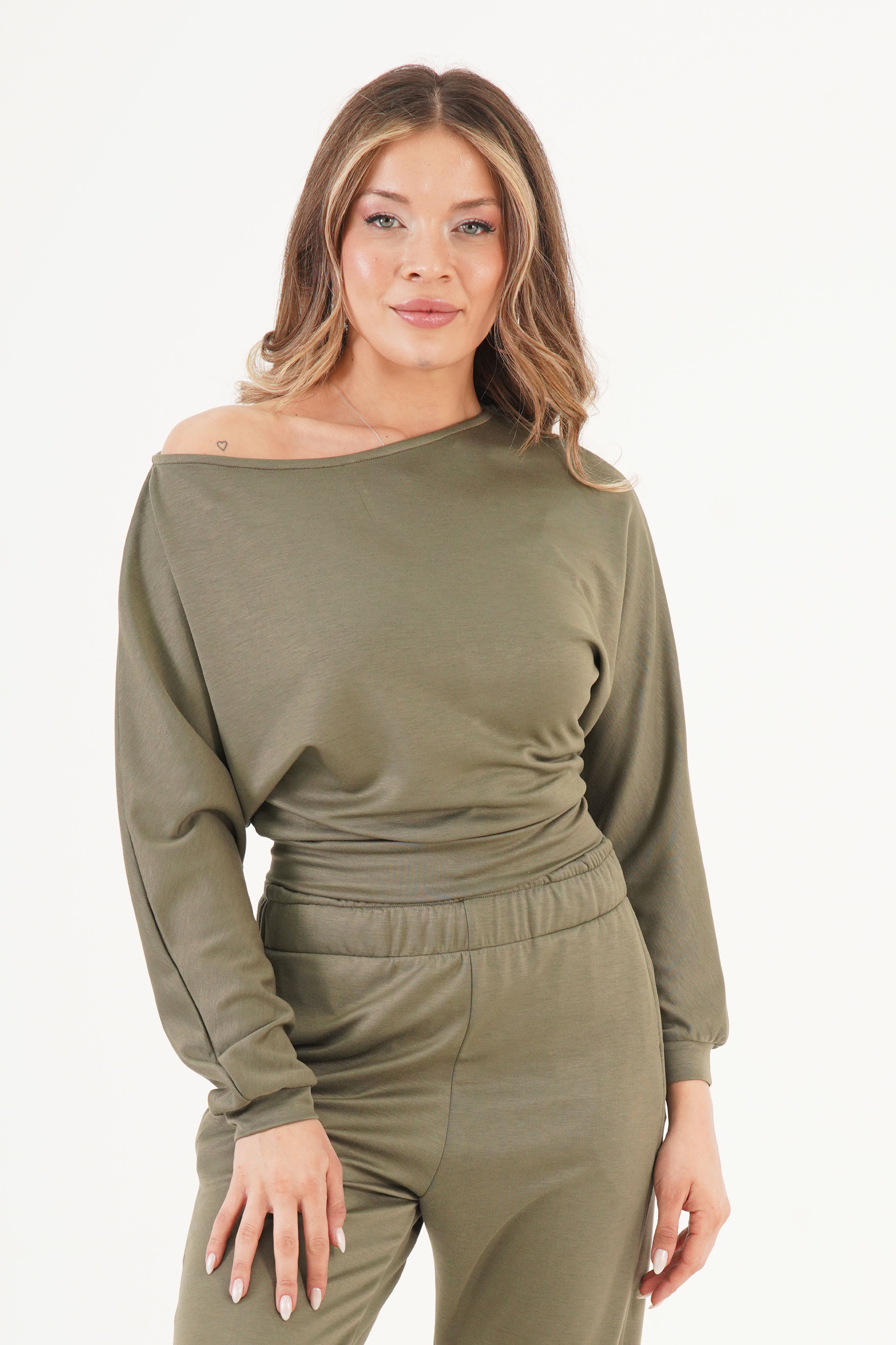 İnce Oys Kumaş Yarasa Kol Toptan Haki Bluz