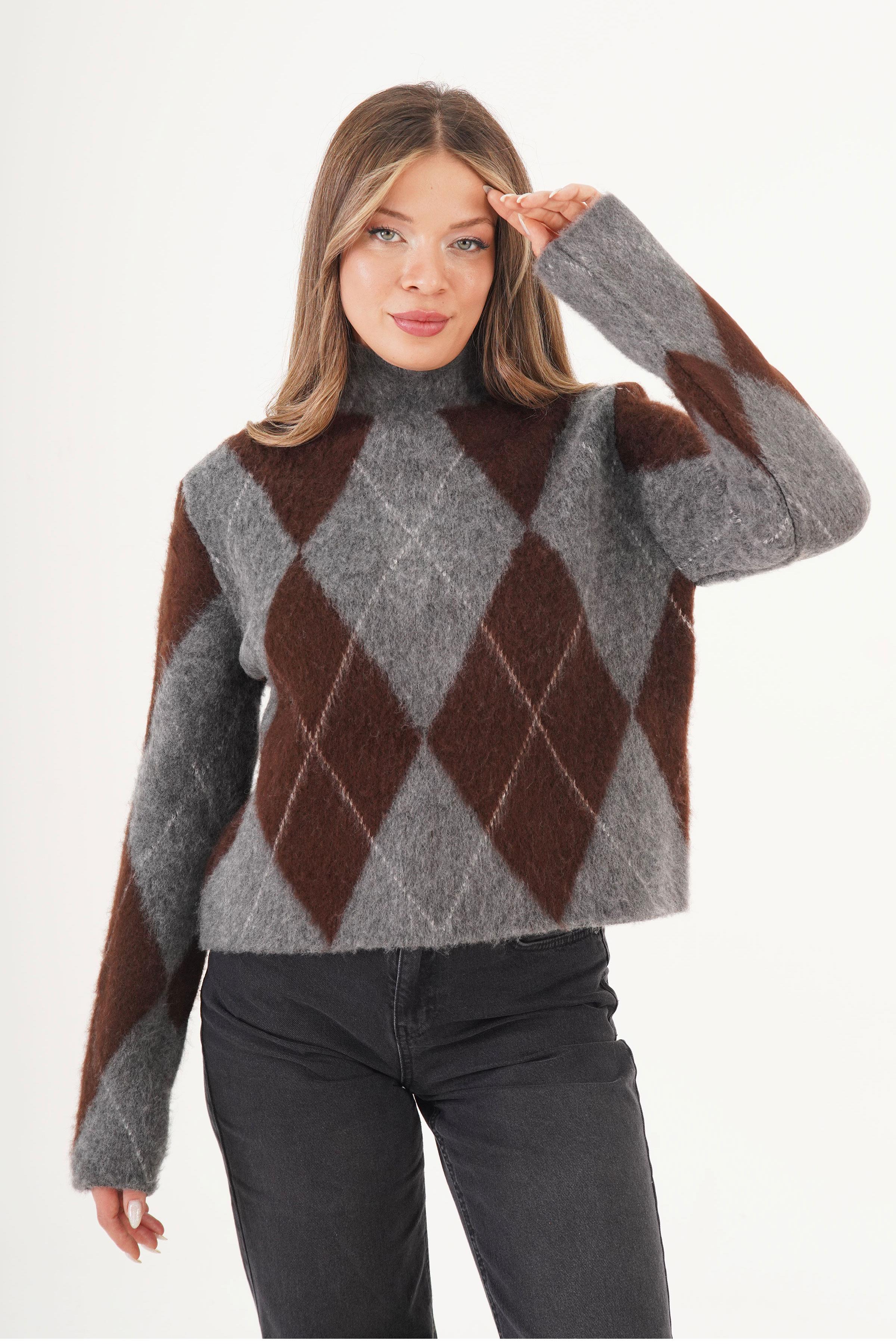 Baklava Desen Dik Yaka Kahve Toptan Triko Kazak