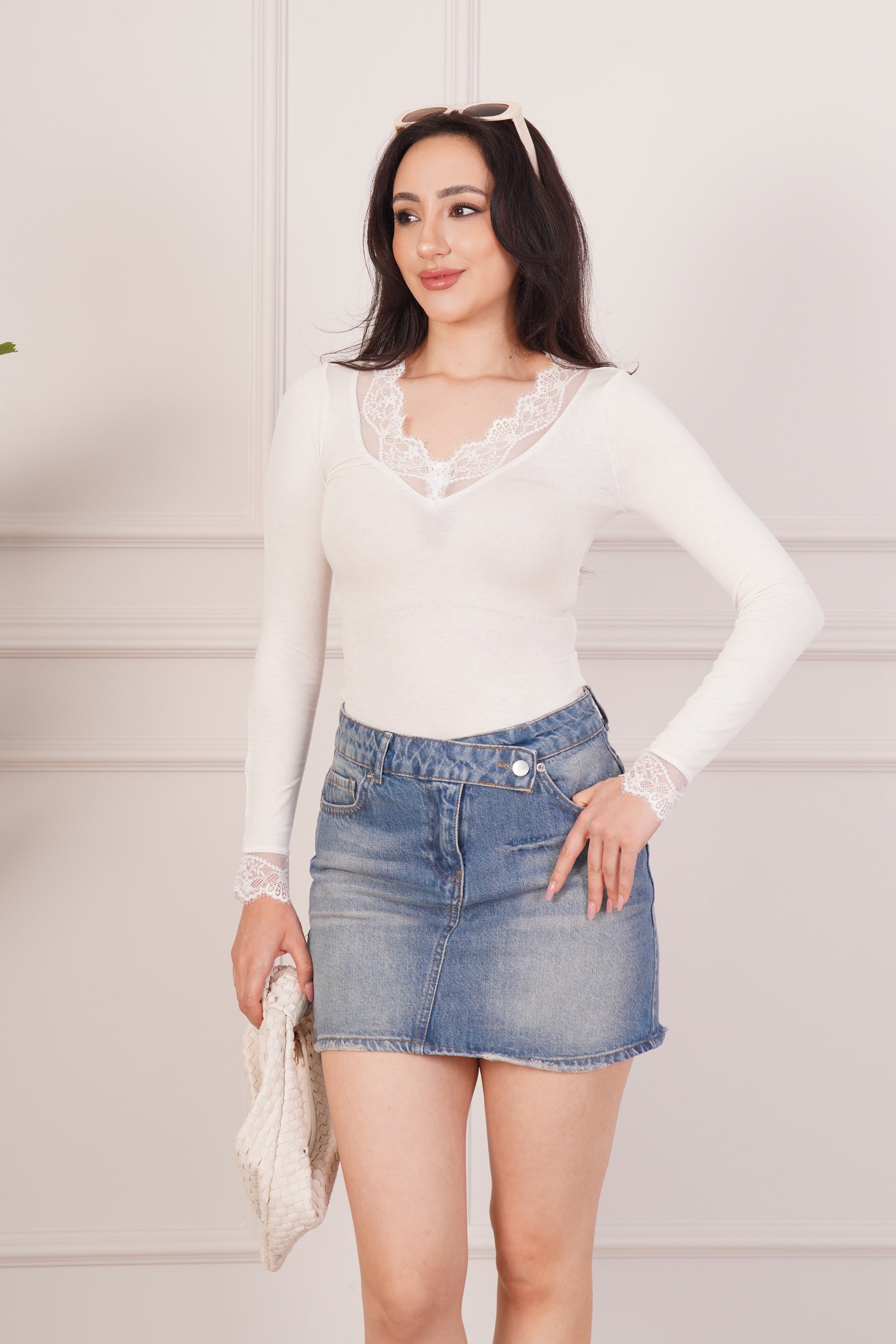 Dantel Detaylı Uzun Kollu Krem Toptan Body Bluz Krem S