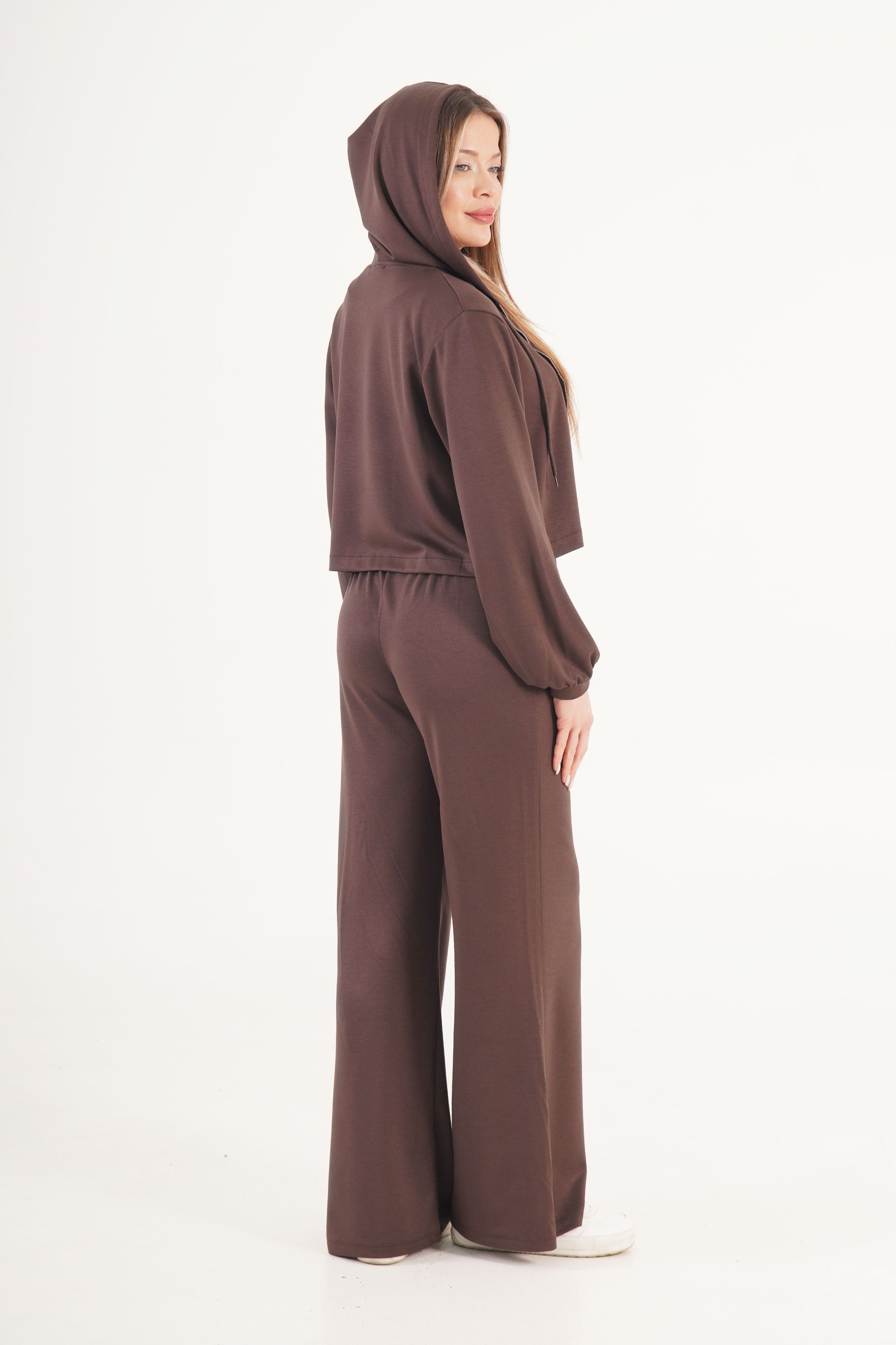 Modal Hırka Pantolon Crop Kahve Toptan Üçlü Takım