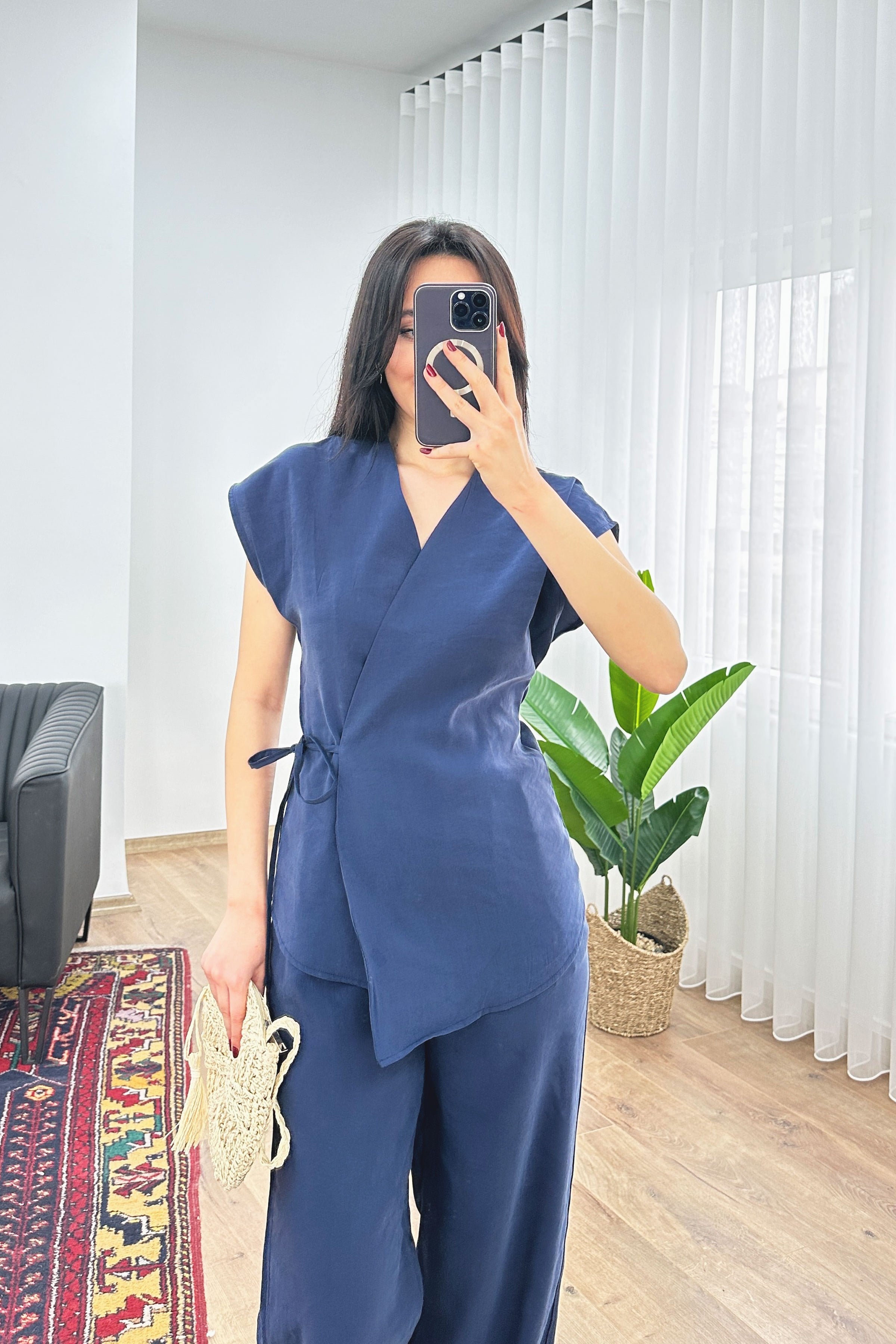 Modal Tek Düğme Kapamalı Oversize Lacivert Toptan Takım
