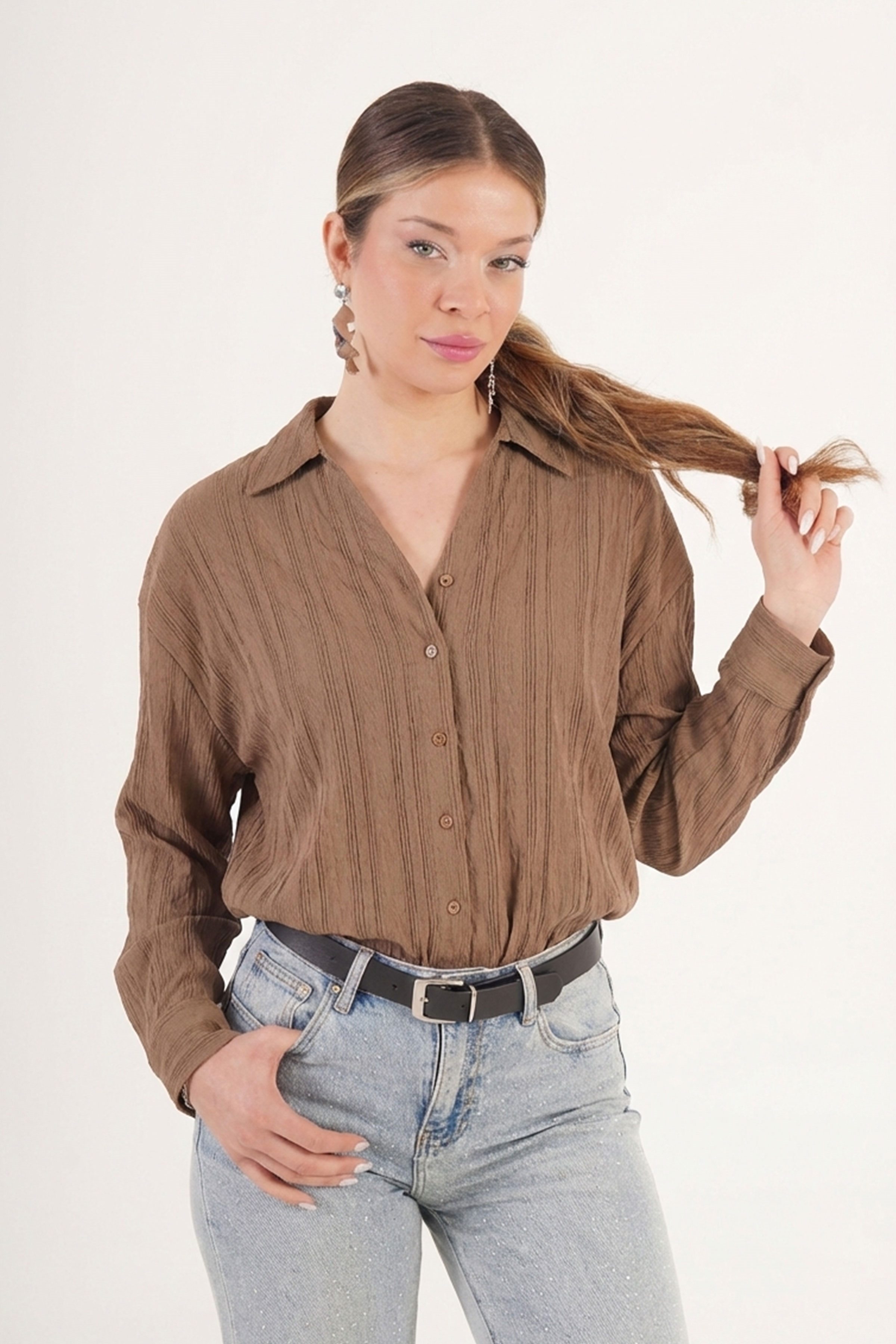 V Yaka Drapeli Camel Toptan Gömlek Camel S