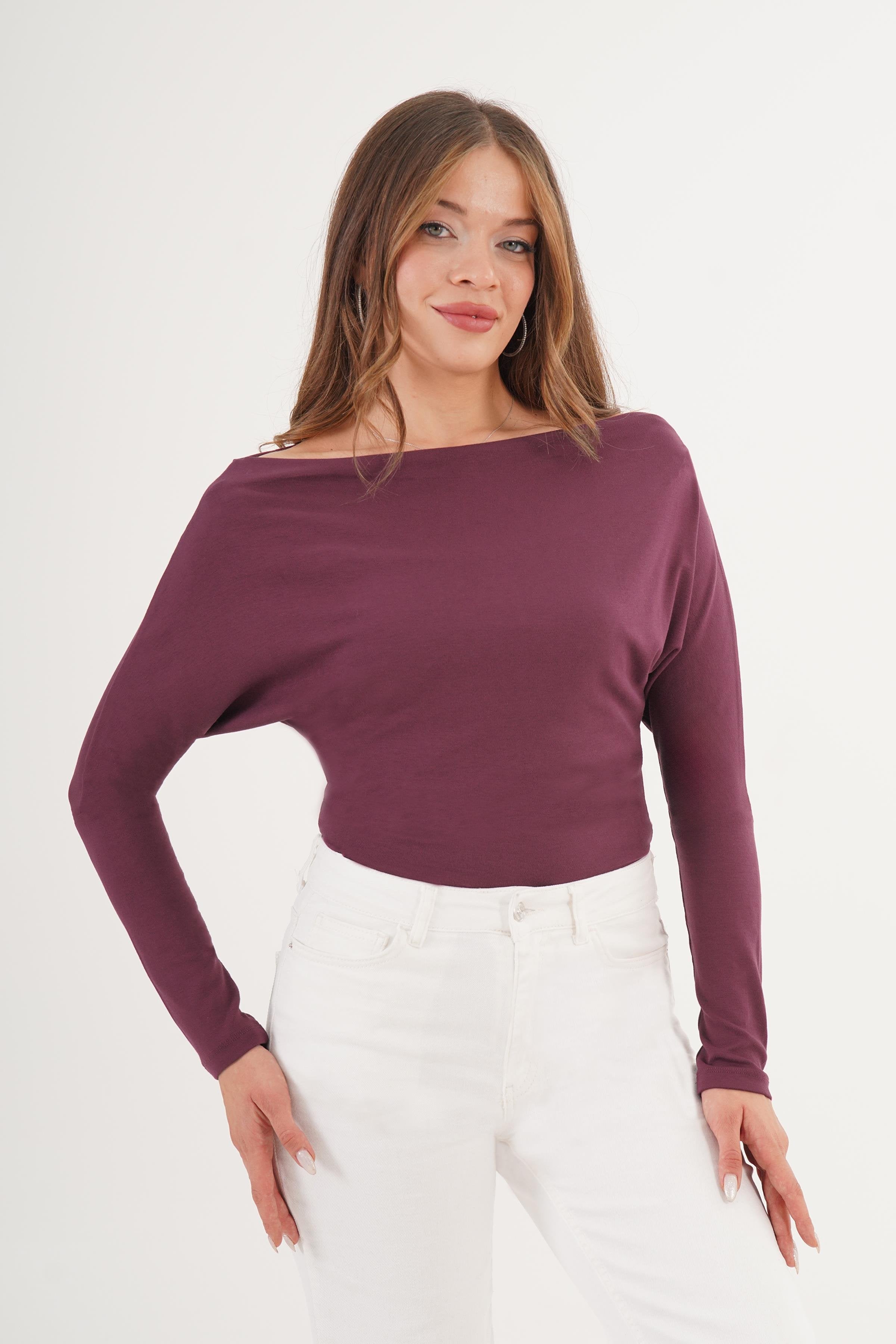 Uzun Kollu Basic Bordo Toptan Bluz Bordo S
