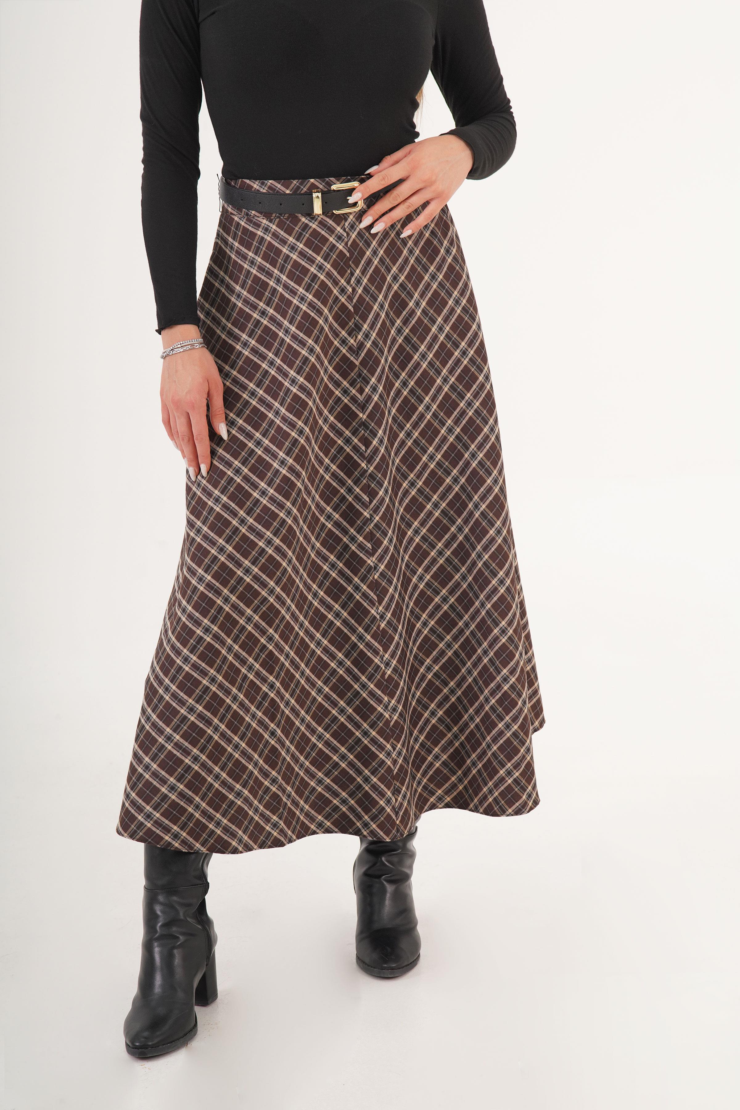 Volan Kesim Kahve Ekose Uzun Toptan Etek