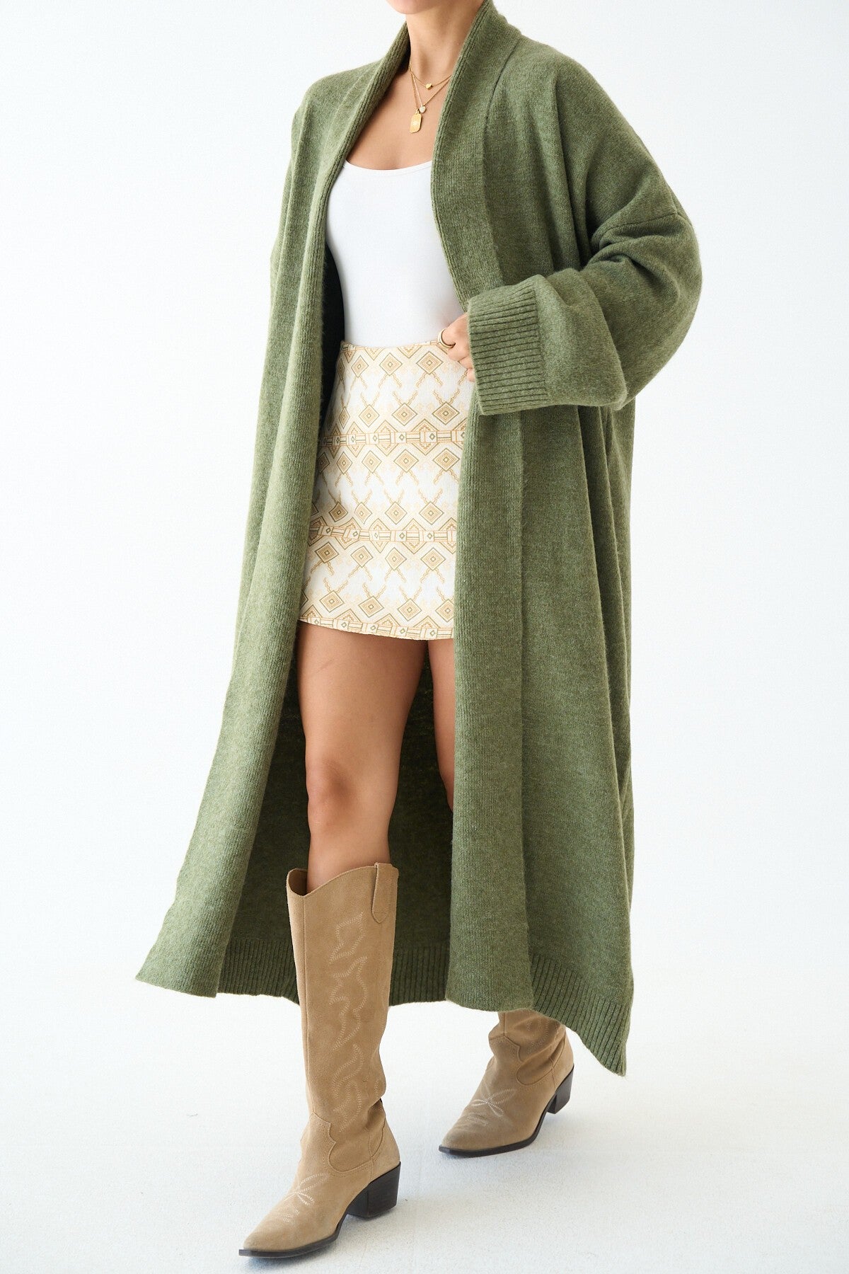 Light Green Open Front Shawl Collar Cardigan