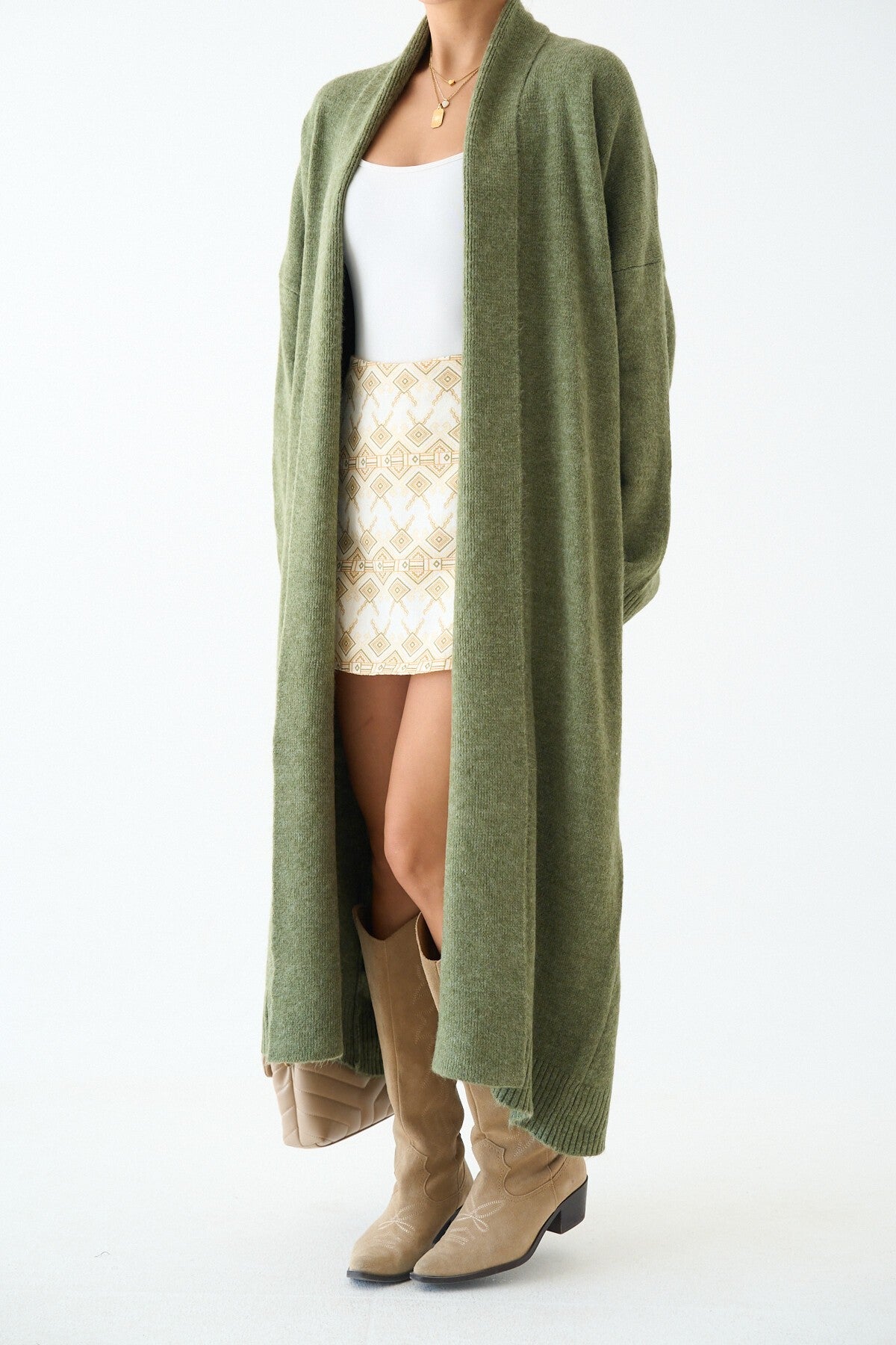 Light Green Open Front Shawl Collar Cardigan