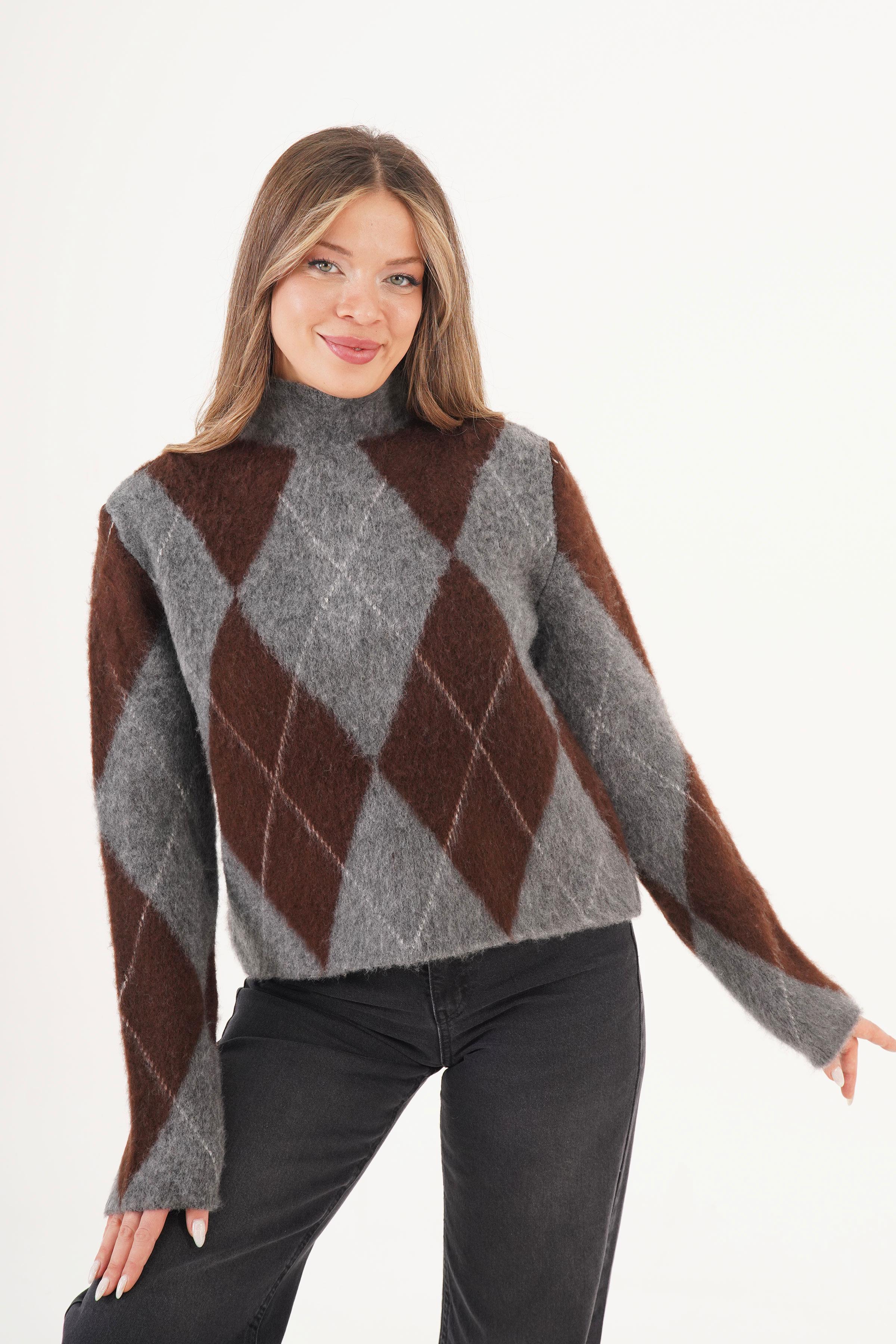 Baklava Desen Dik Yaka Kahve Toptan Triko Kazak