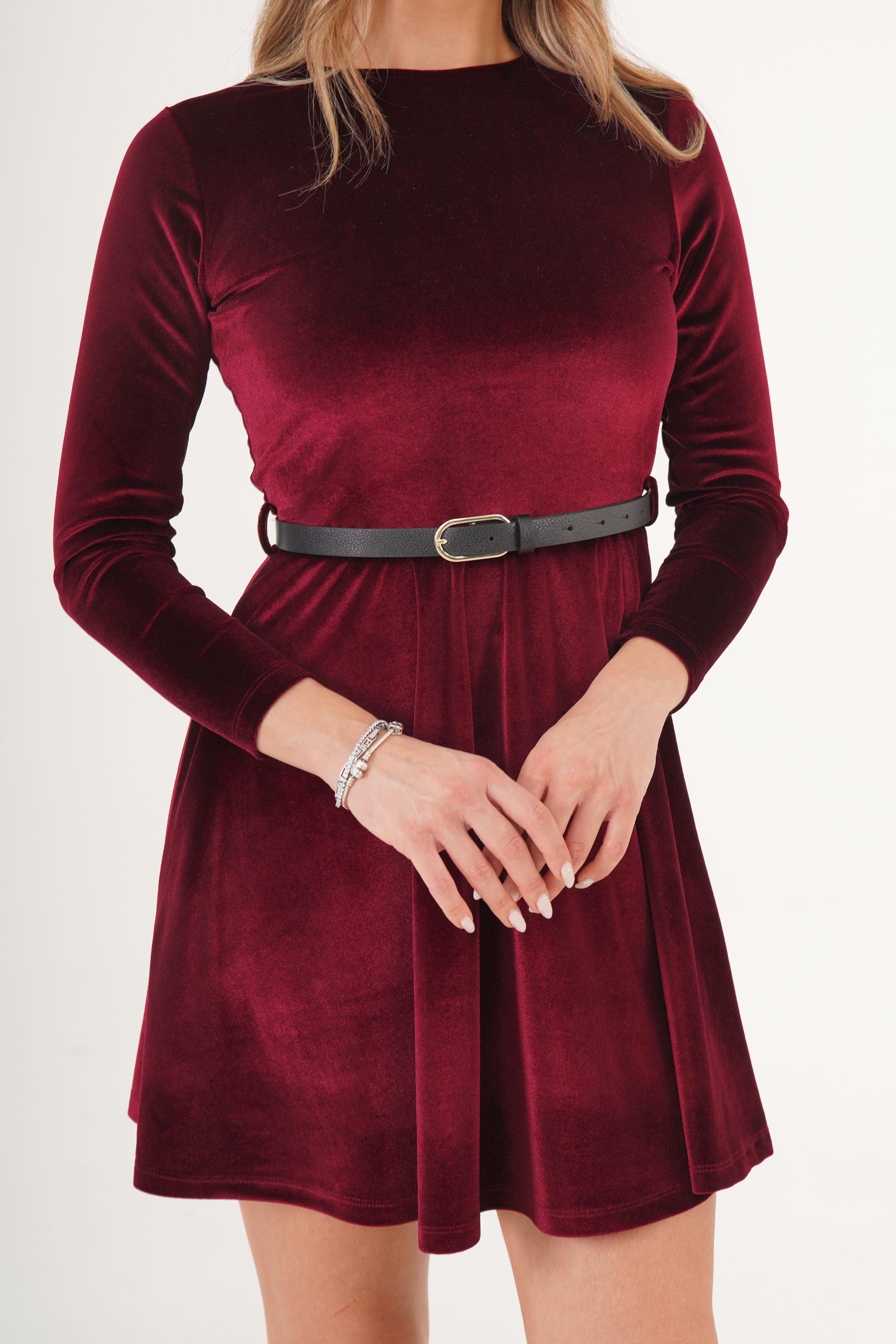 Kemerli Kloşlu Kadife Bordo Toptan Elbise