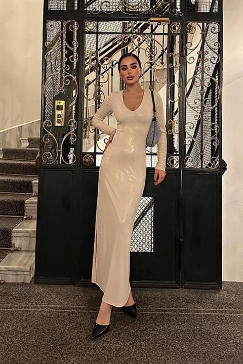 Adella Işıltılı Yırtmaç Detay Elbise 2643-8 BEJ L
