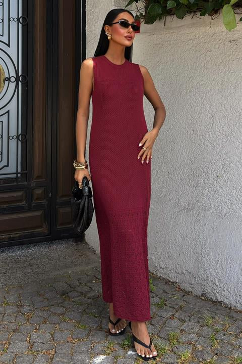 Afro Ajurlu Maksi Elbise 2796 BORDO STD