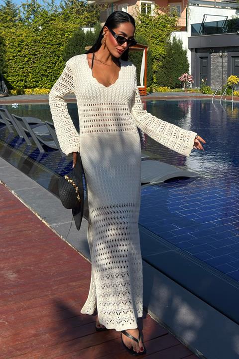 Ajur Detaylı İspanyol Kol Elbise 2840 EKRU STD