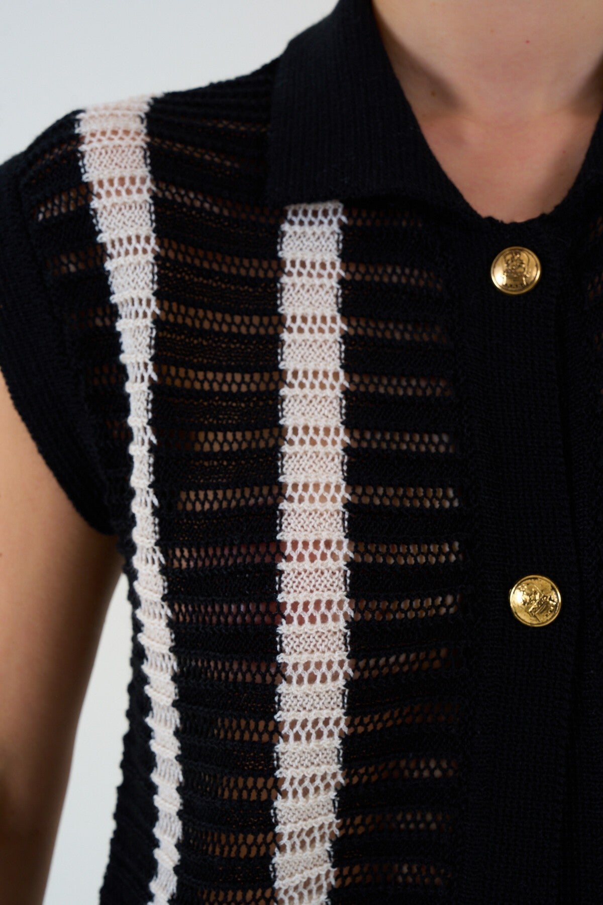 Black-Cream Openwork Striped Skirt Set