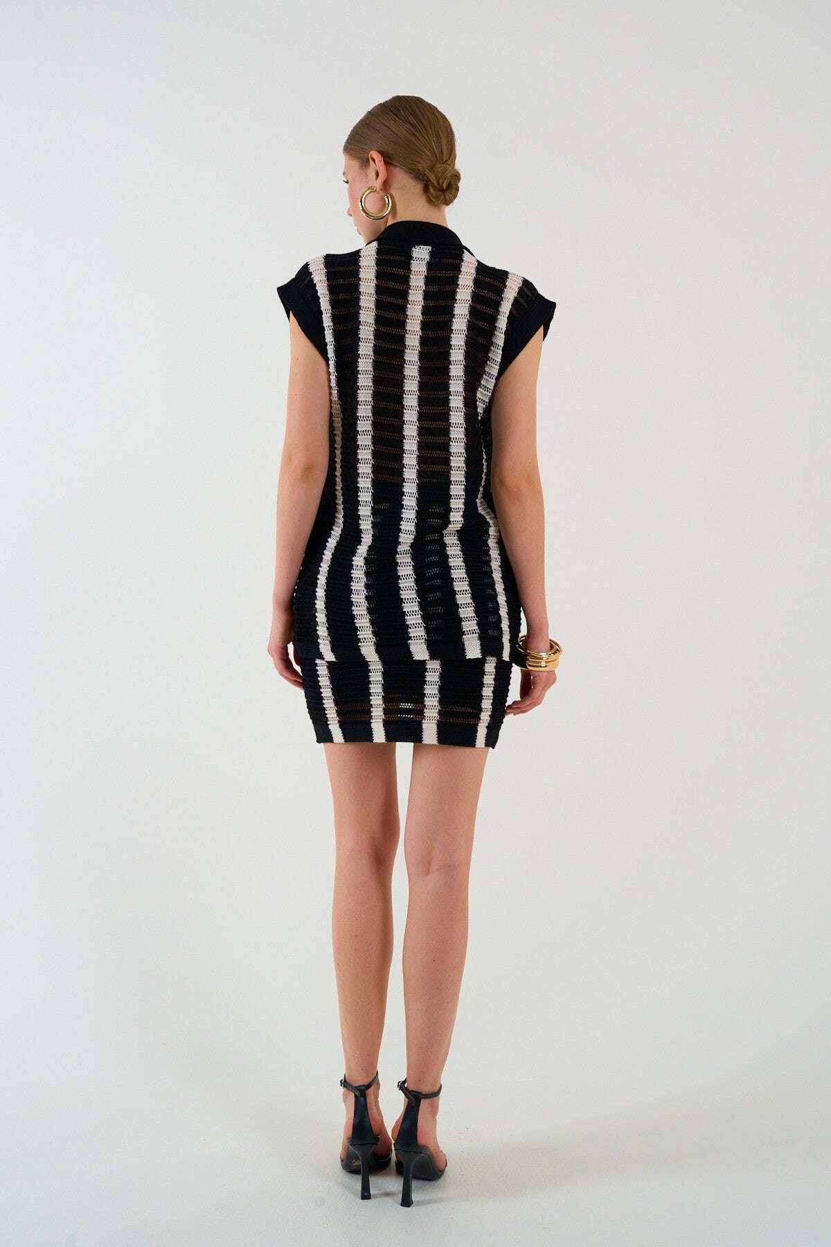 Black-Cream Openwork Striped Skirt Set