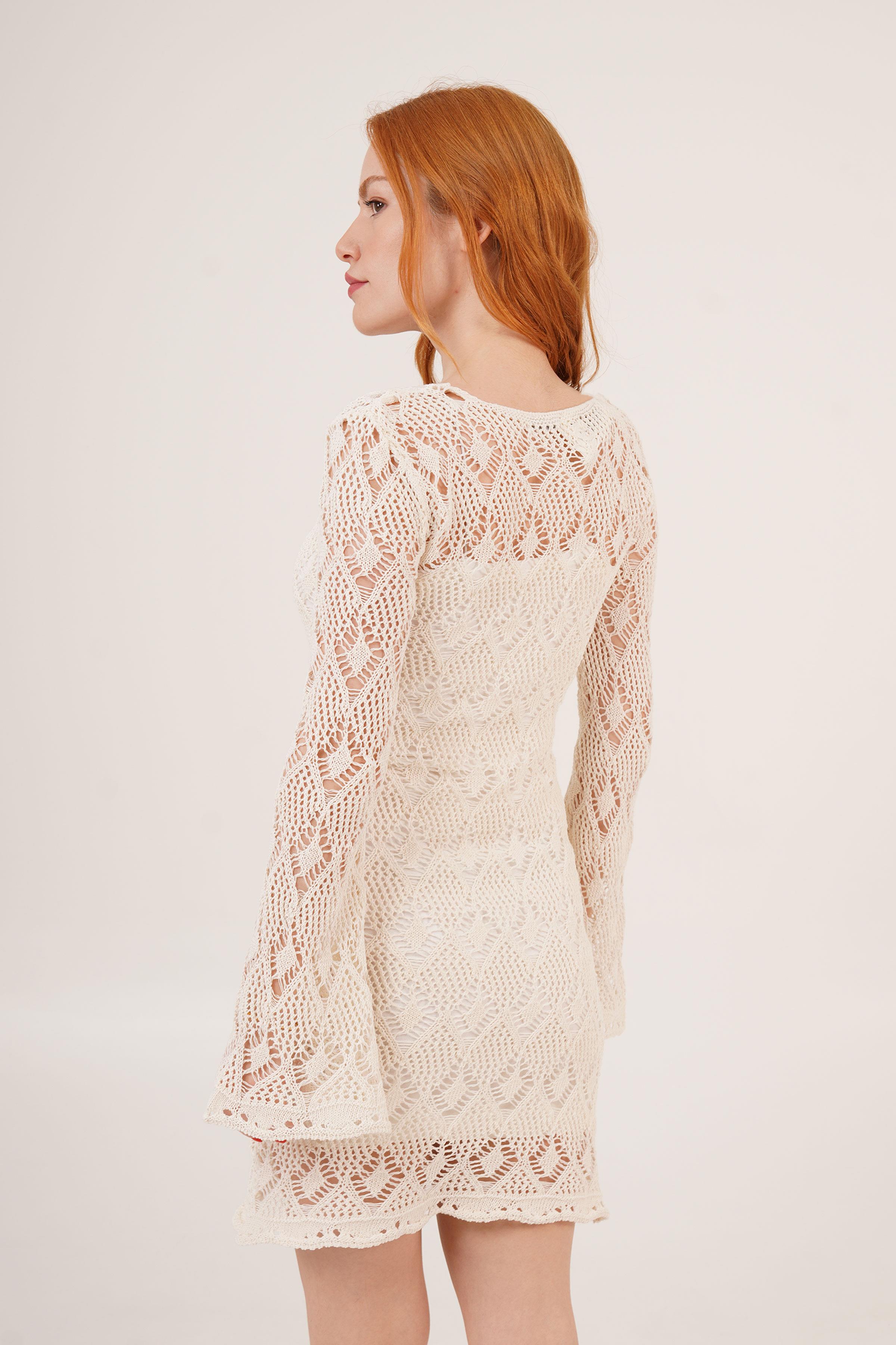 Ajurlu Kayık Yaka Toptan Ekru Elbise