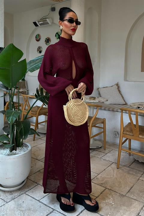 Ajurlu Triko Elbise 2854 BORDO STD