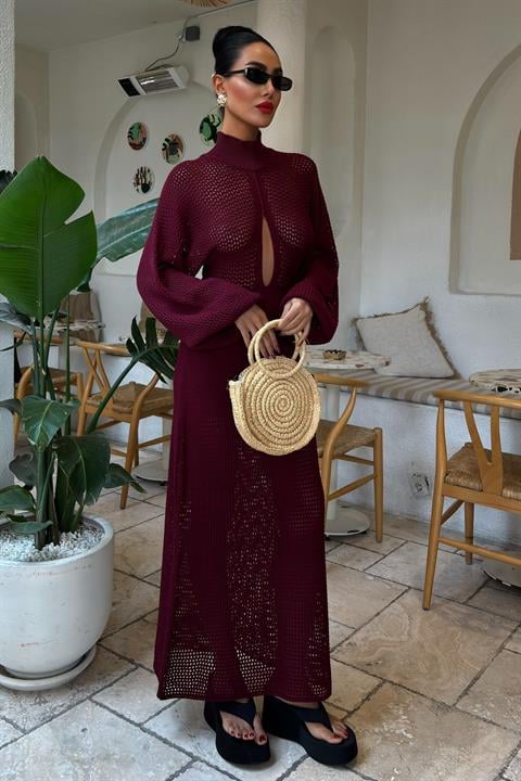 Ajurlu Triko Elbise 2854 BORDO STD