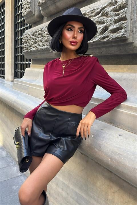 Aksesuar Detaylı Vatkalı Sandy Bluz 3479 BORDO L