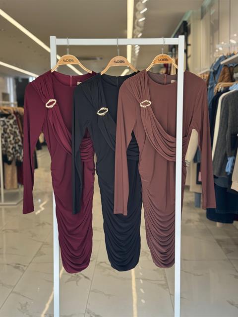Aksesuar Detaylı ve Büzgülü Slim Elbise 2913