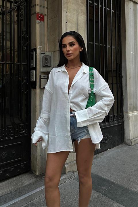 Alina Kol Cut Out Keten Gömlek 3252-08 BEYAZ L