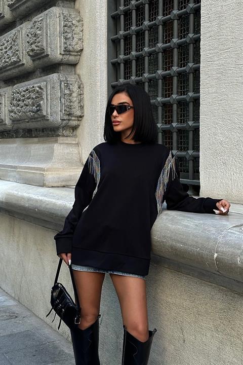 Angelina Metalize Sarkaçlı Sweatshirt 8048 -08 SİYAH L