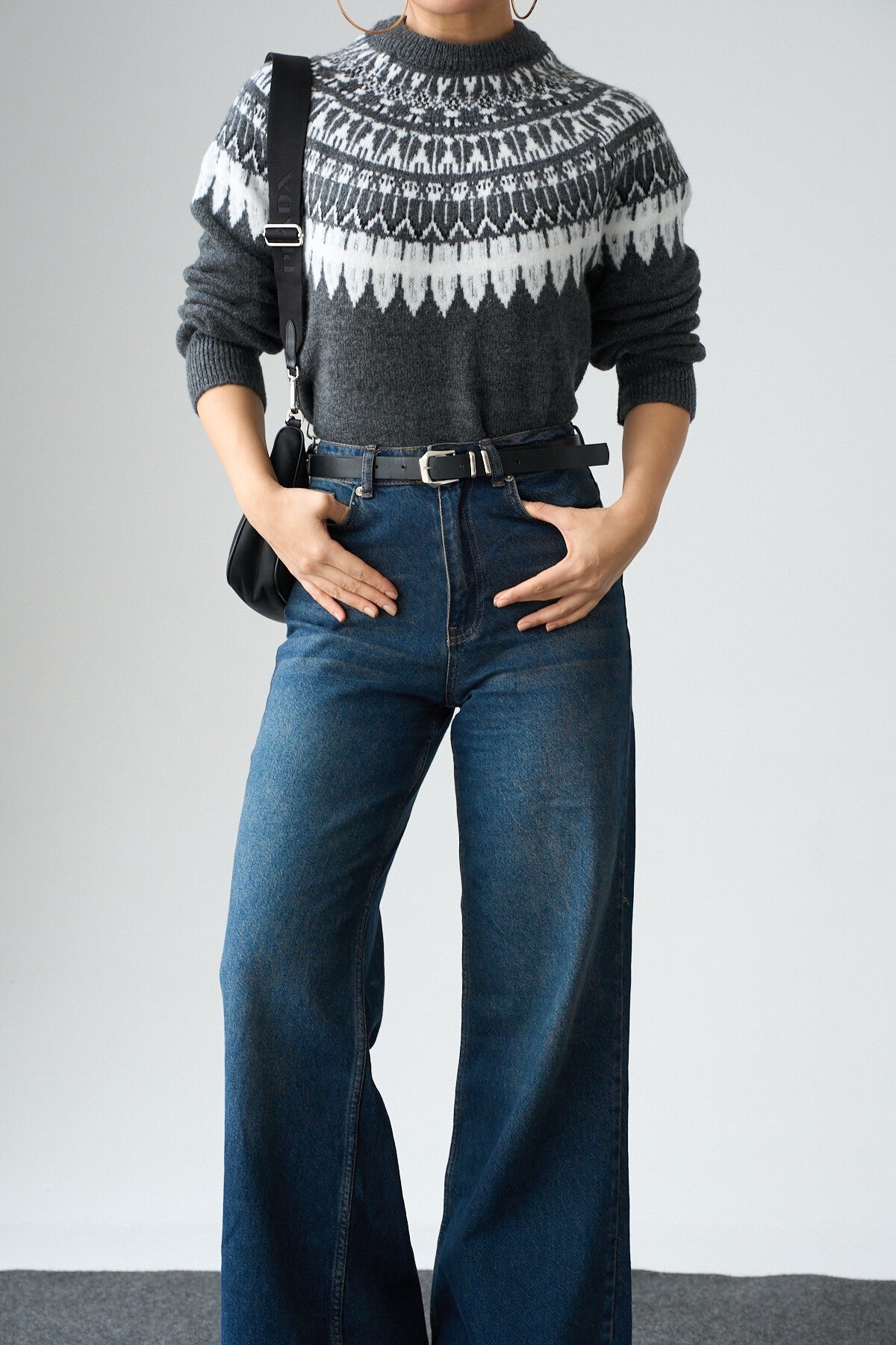 Anthracite-Bone Long-Sleeve Jacquard Sweater