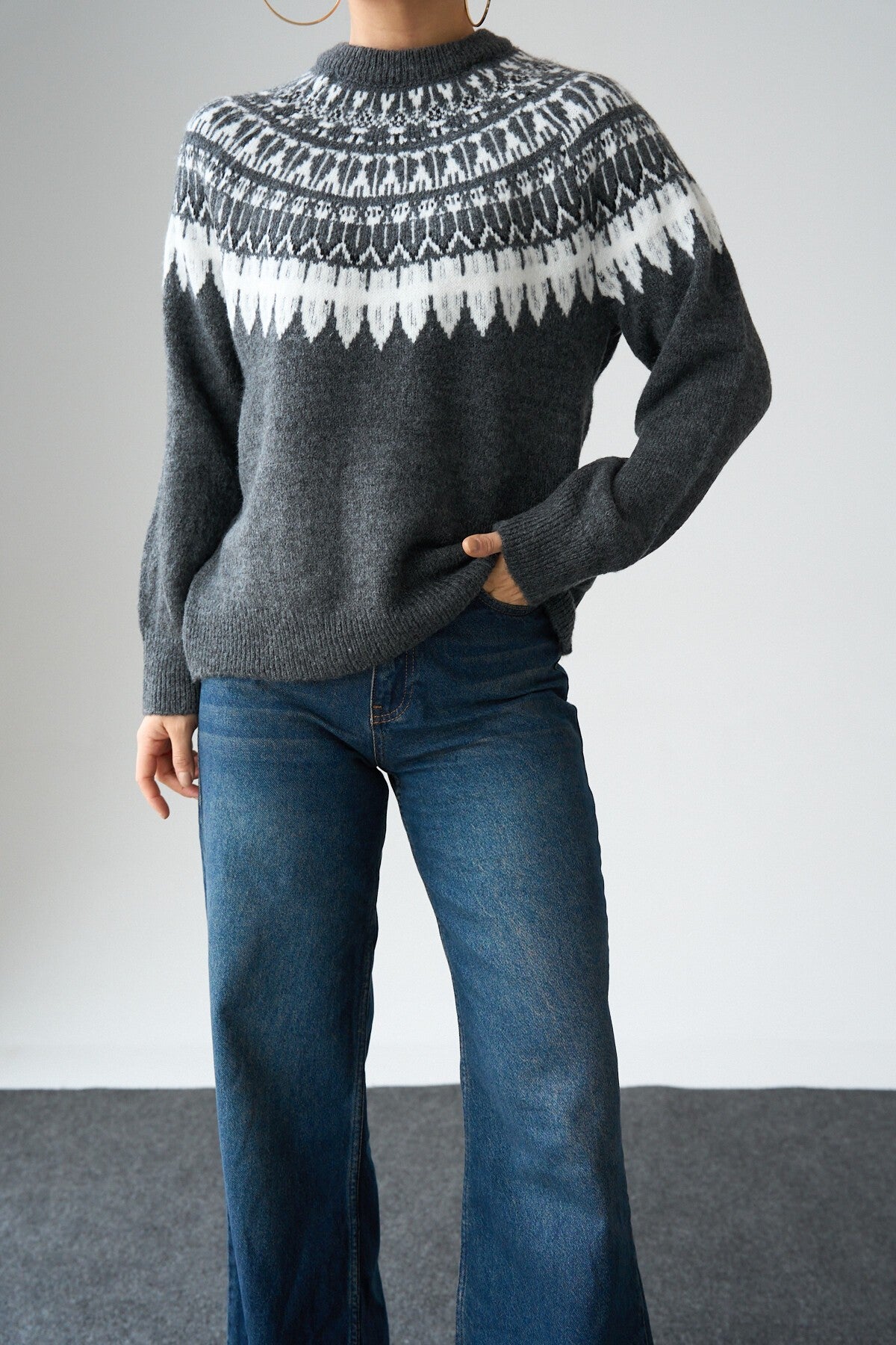 Anthracite-Bone Long-Sleeve Jacquard Sweater