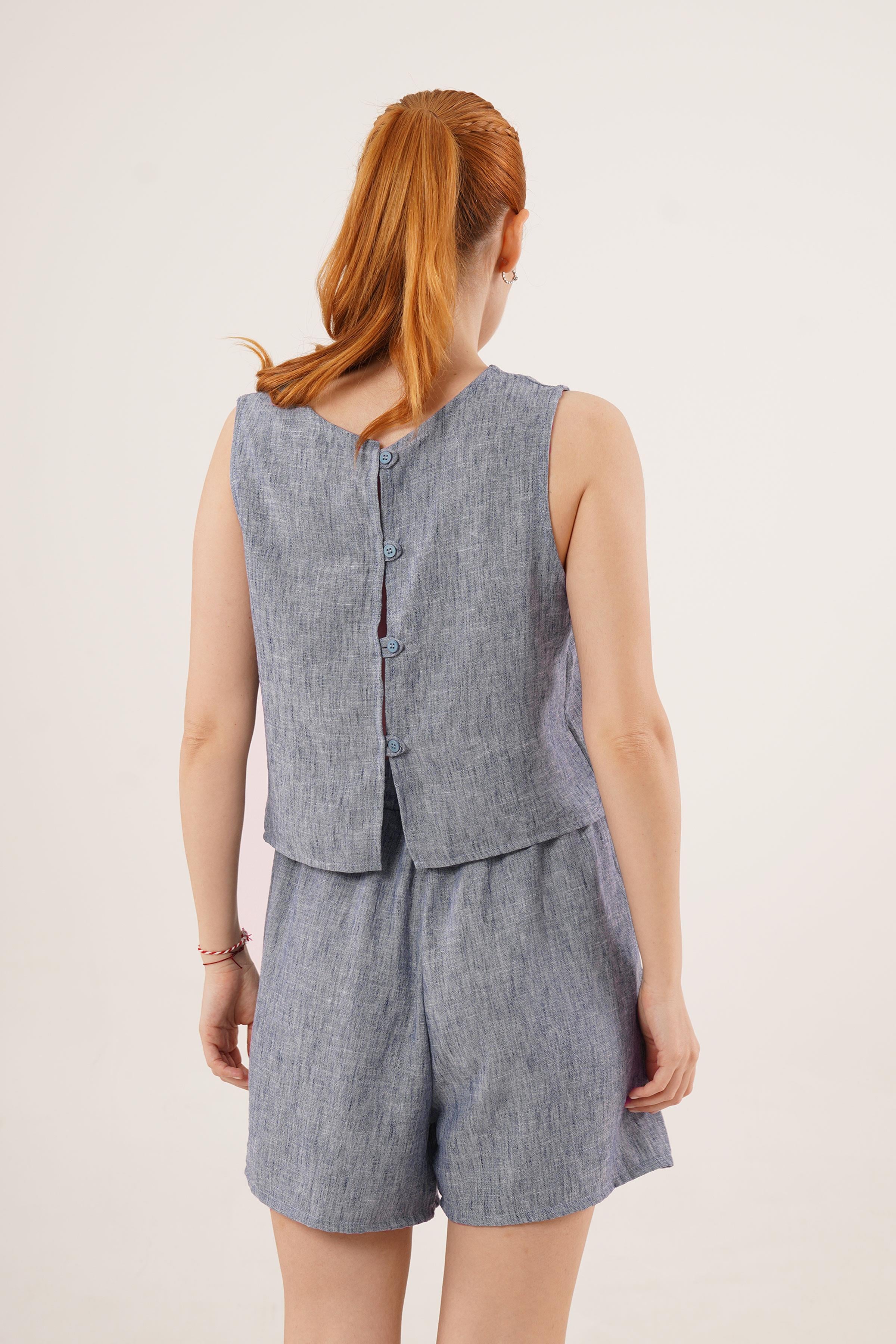 Arkası Düğme Detaylı Bluz Ve Cepli Şort İkili Toptan İndigo Takım